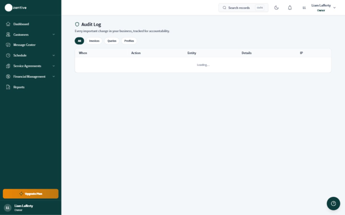 Zentive Audit Log screen for reviewing account activity and record changes.