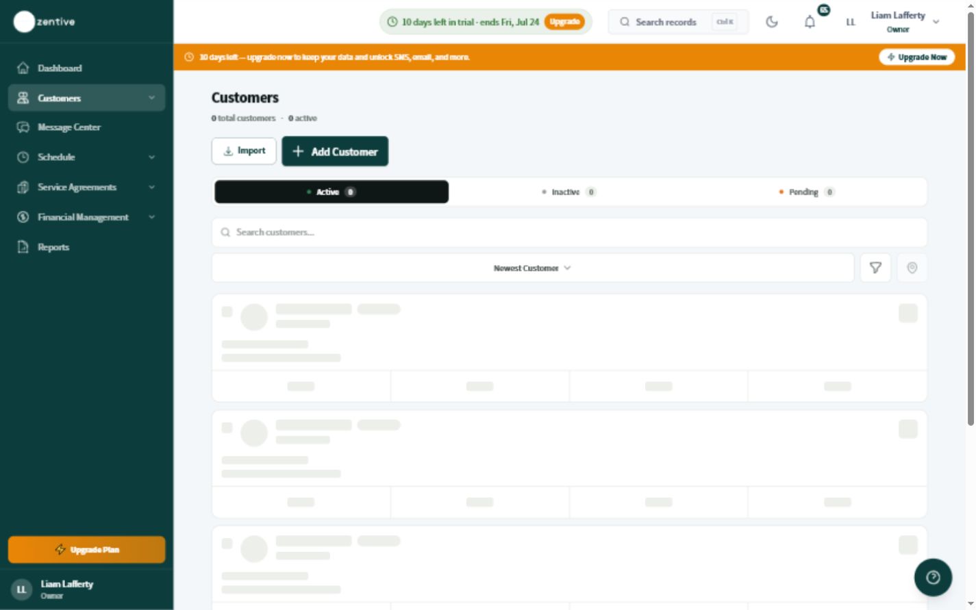 Zentive Customers screen with customer search, list controls, and the New Customer action.