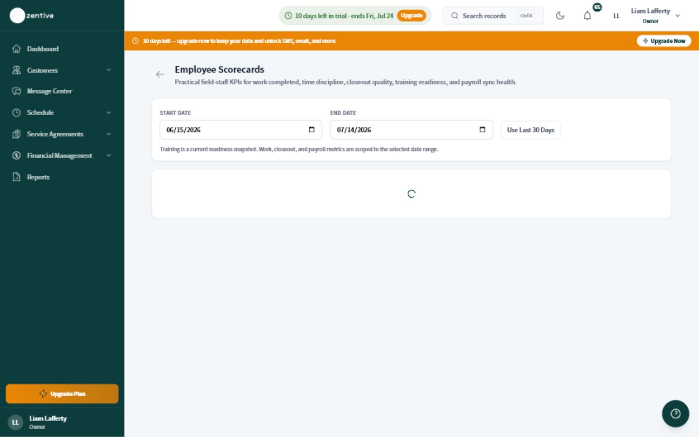 Zentive Employee Scorecards report for comparing team performance over a selected period.