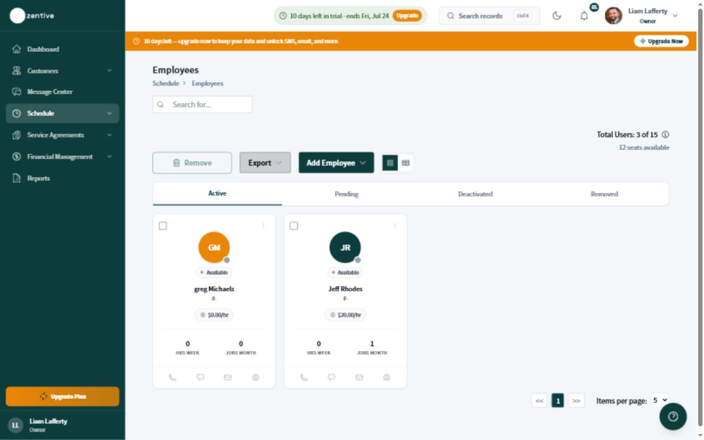 Zentive Employees screen showing search, employee status tabs, Add Employee, and active employee cards.