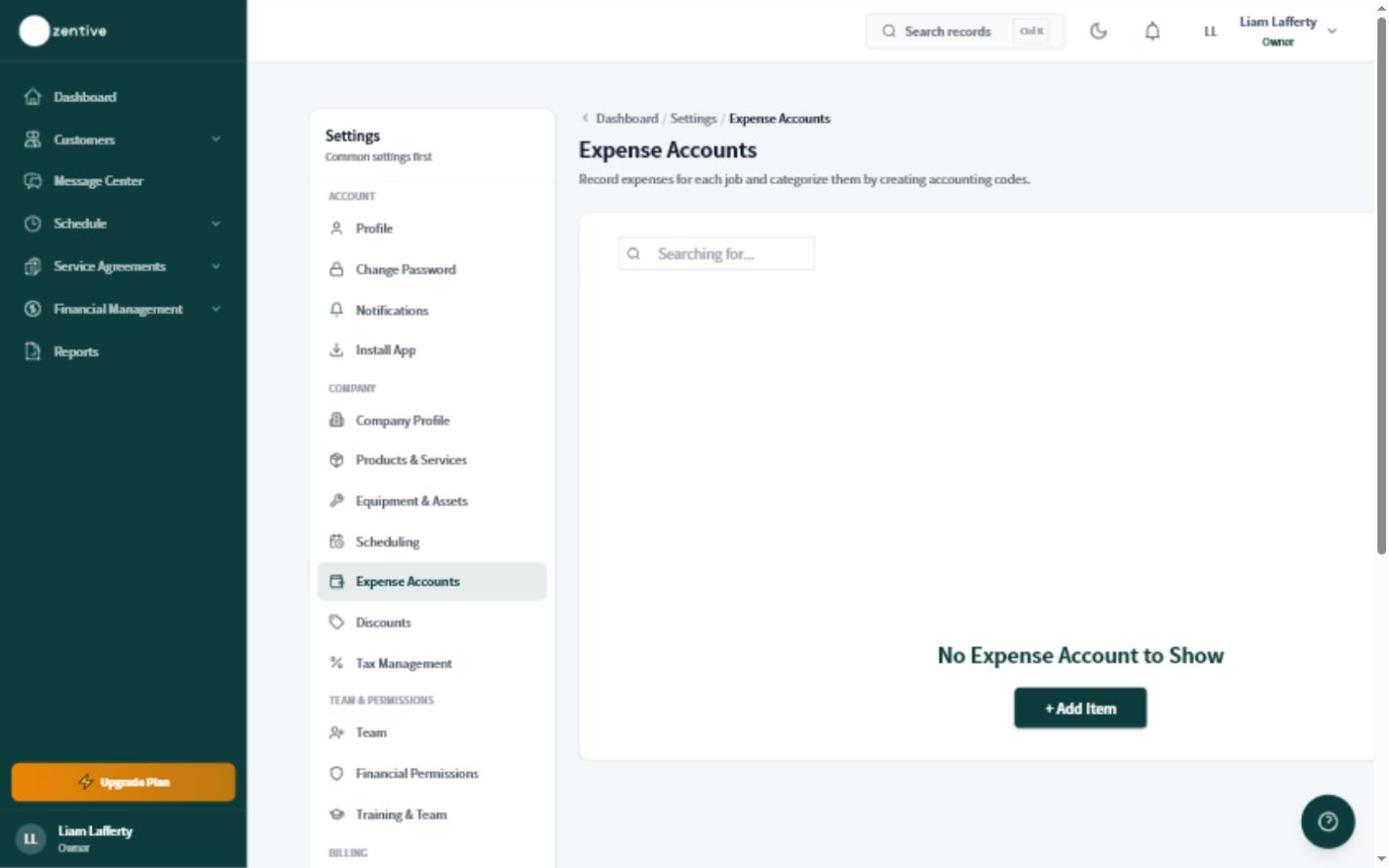 Zentive Expense Accounts settings screen for creating and organizing job cost categories.
