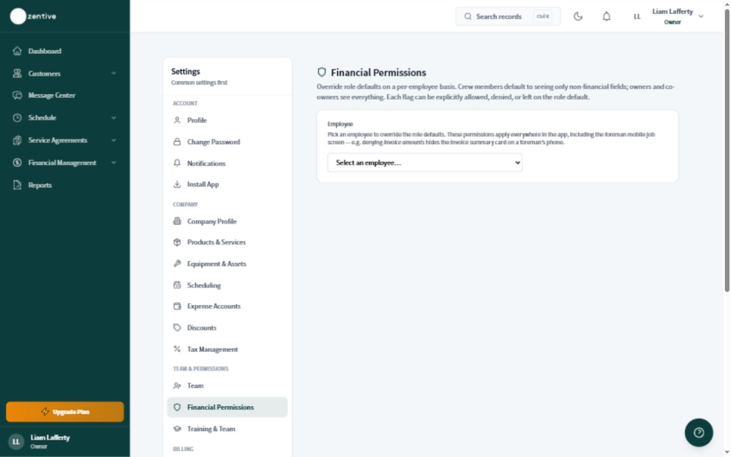 Zentive Financial Permissions screen with an employee selector and explanation of per-employee financial access.