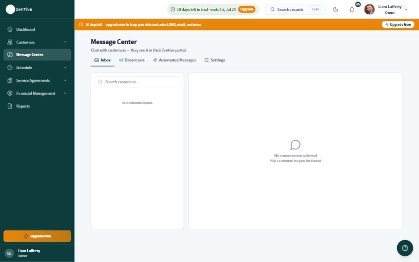 Zentive Message Center showing the Automated Messages tab beside Inbox and Broadcasts.