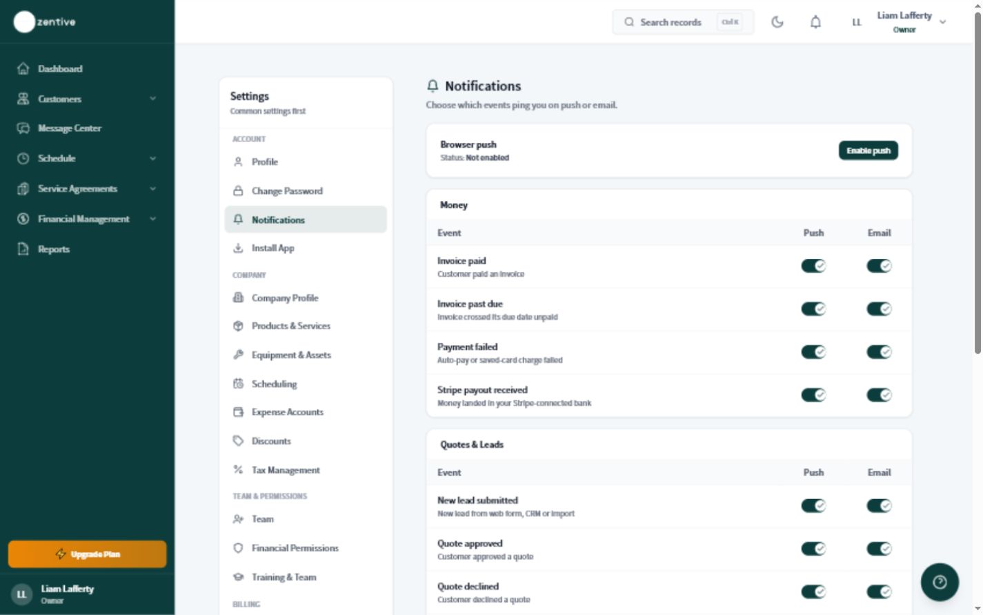 Zentive Notifications settings screen for choosing customer and account alerts.
