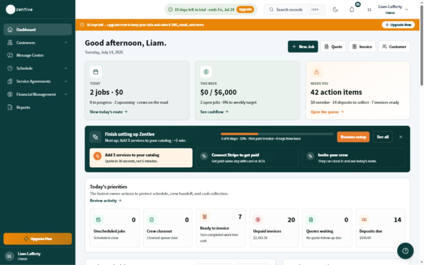 Zentive owner dashboard showing setup progress, quick-create actions, today's work, cash collection, and action items.