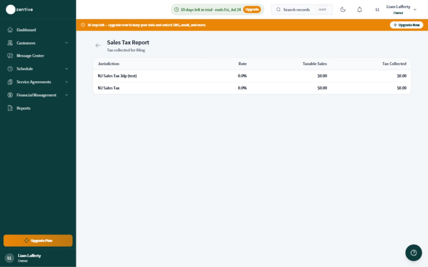 Zentive Sales Tax report for reviewing taxable sales and tax collected during a selected period.