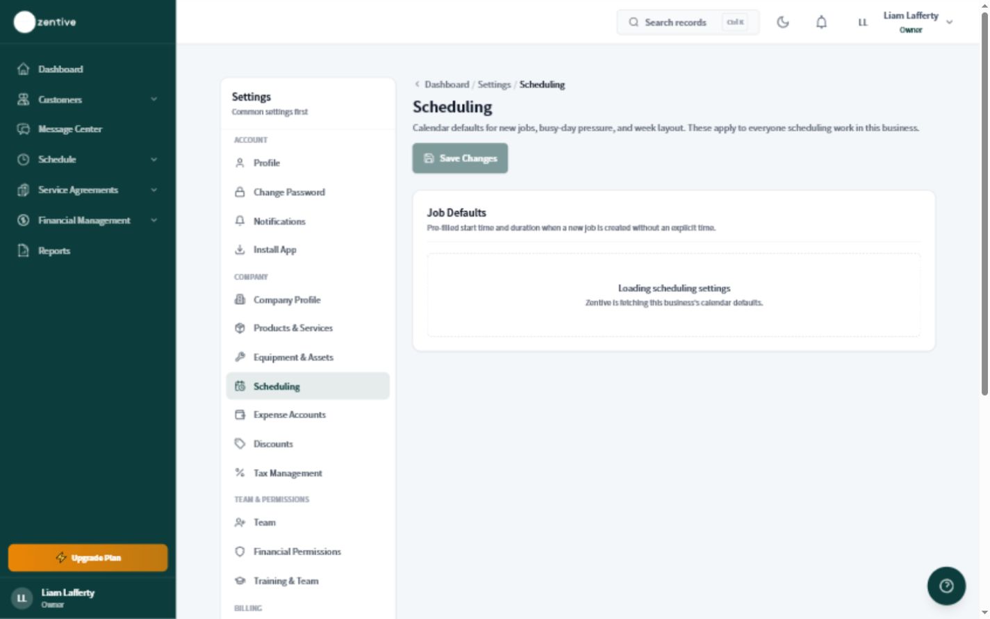 Zentive Scheduling settings screen for business scheduling rules and availability.