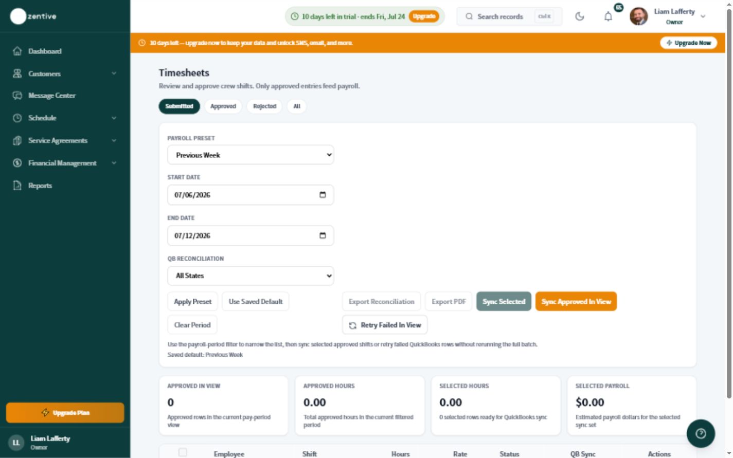 Zentive Timesheets screen with approval tabs, payroll period controls, QuickBooks reconciliation, and approved-hours totals.