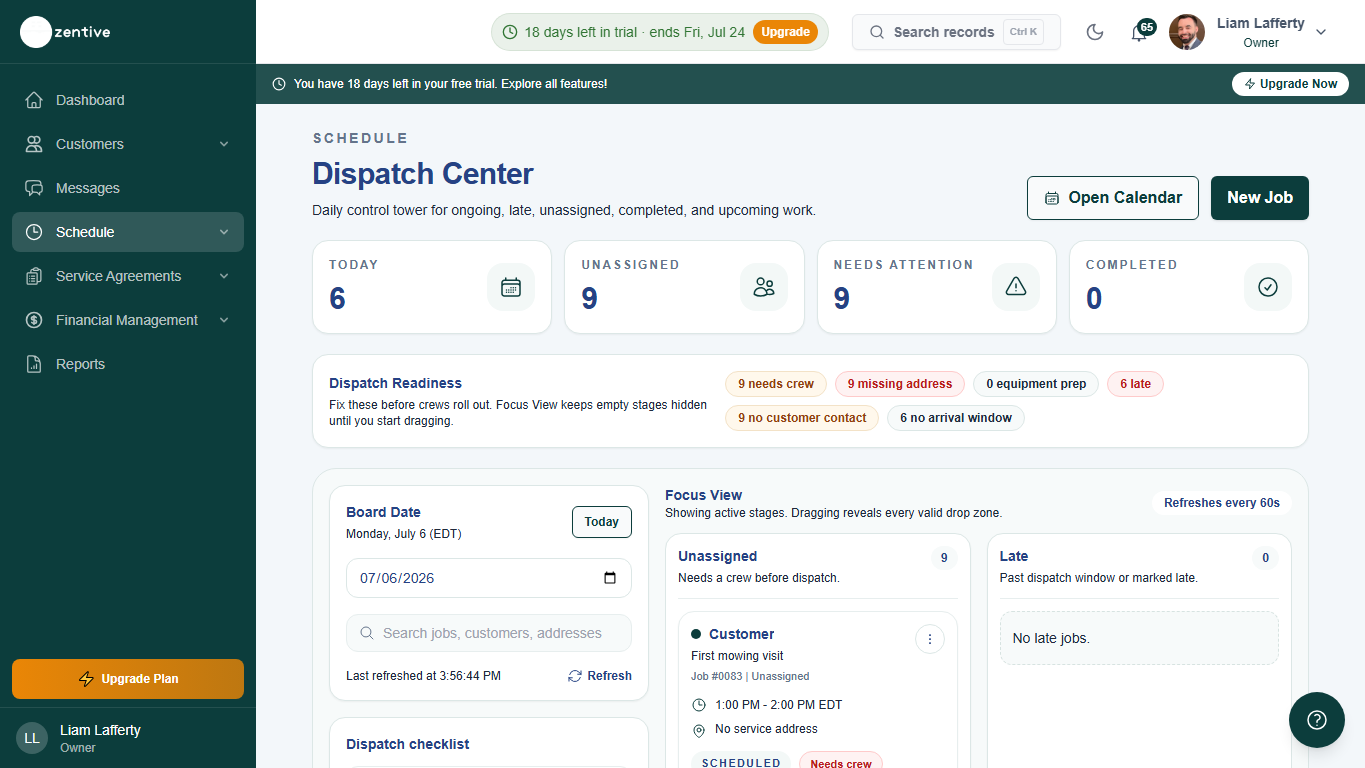 Zentive Dispatch Center showing unassigned work, readiness warnings, crew filters, and dispatch checklist.
