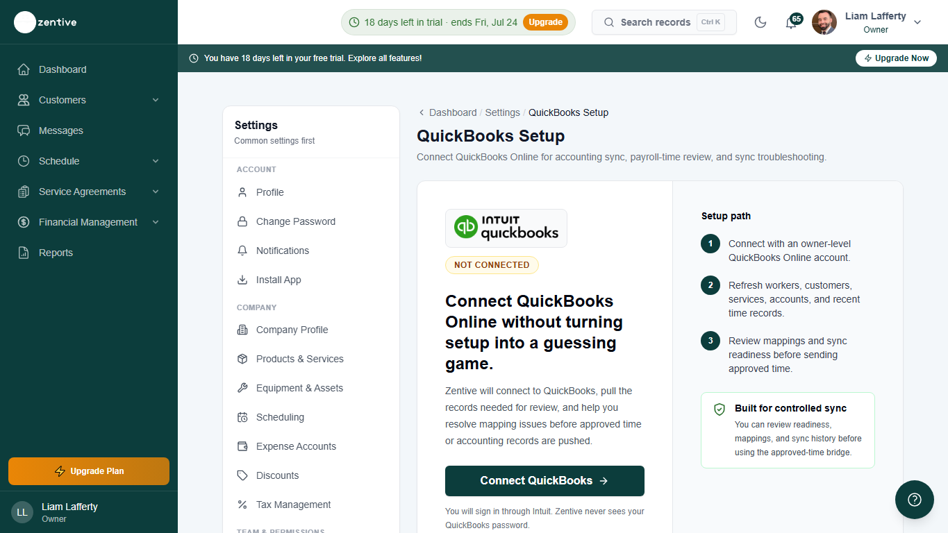 Zentive QuickBooks settings showing setup path, sync readiness, and QuickBooks connection state.