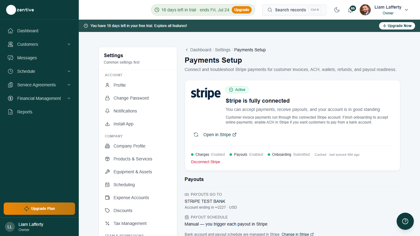Zentive Stripe Account settings showing charges, payouts, onboarding status, payout account, and troubleshooting sections.