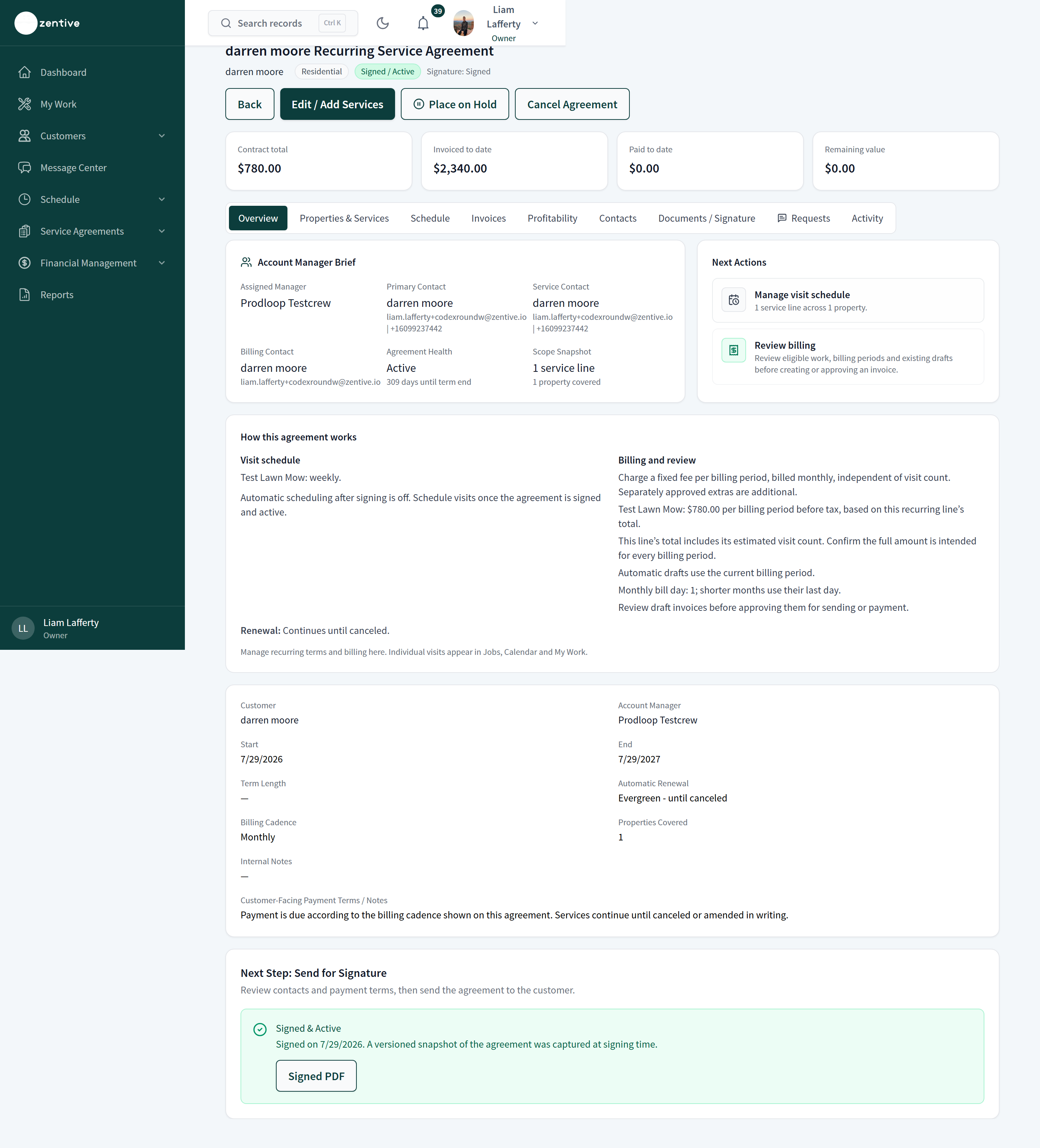 Agreement detail page showing Signed / Active status, contract total, invoiced, paid, remaining, the tab bar, Account Manager Brief, Next Actions, How this agreement works, term details, and the Signed PDF.