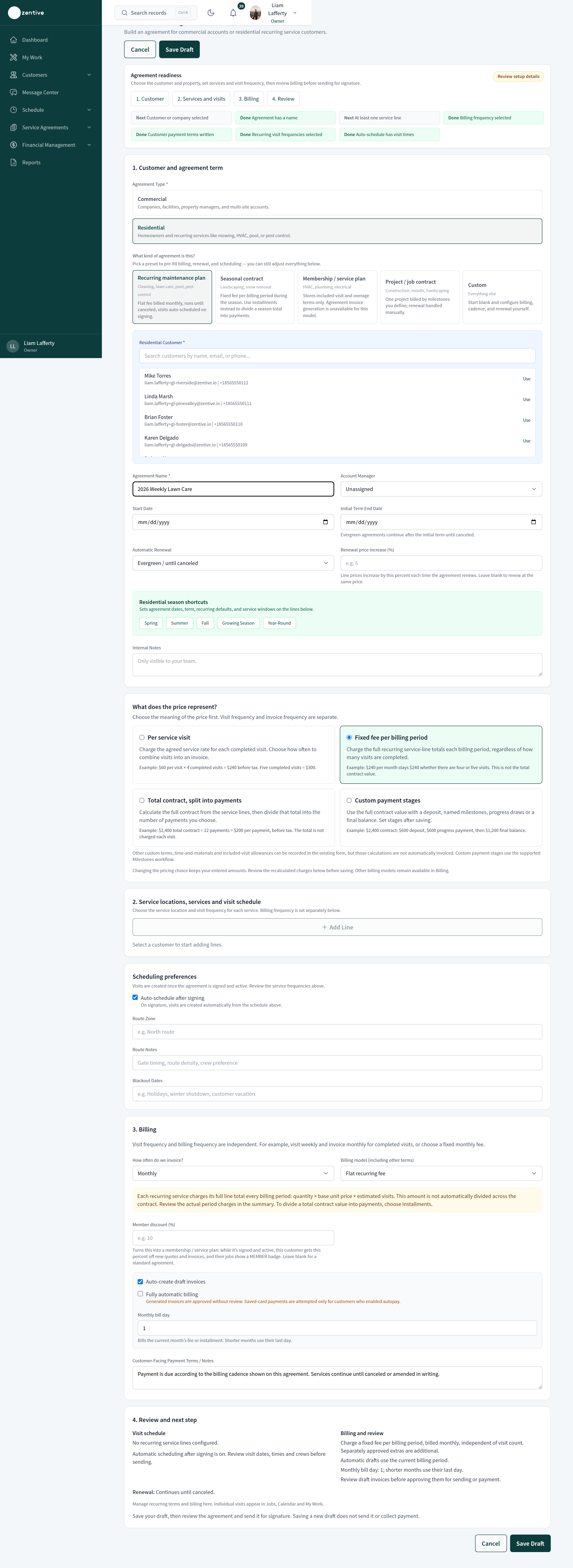 Create Service Agreement form with the readiness card, Commercial/Residential choice, five presets, name, account manager, dates, renewal, season shortcuts, and the price-meaning options.