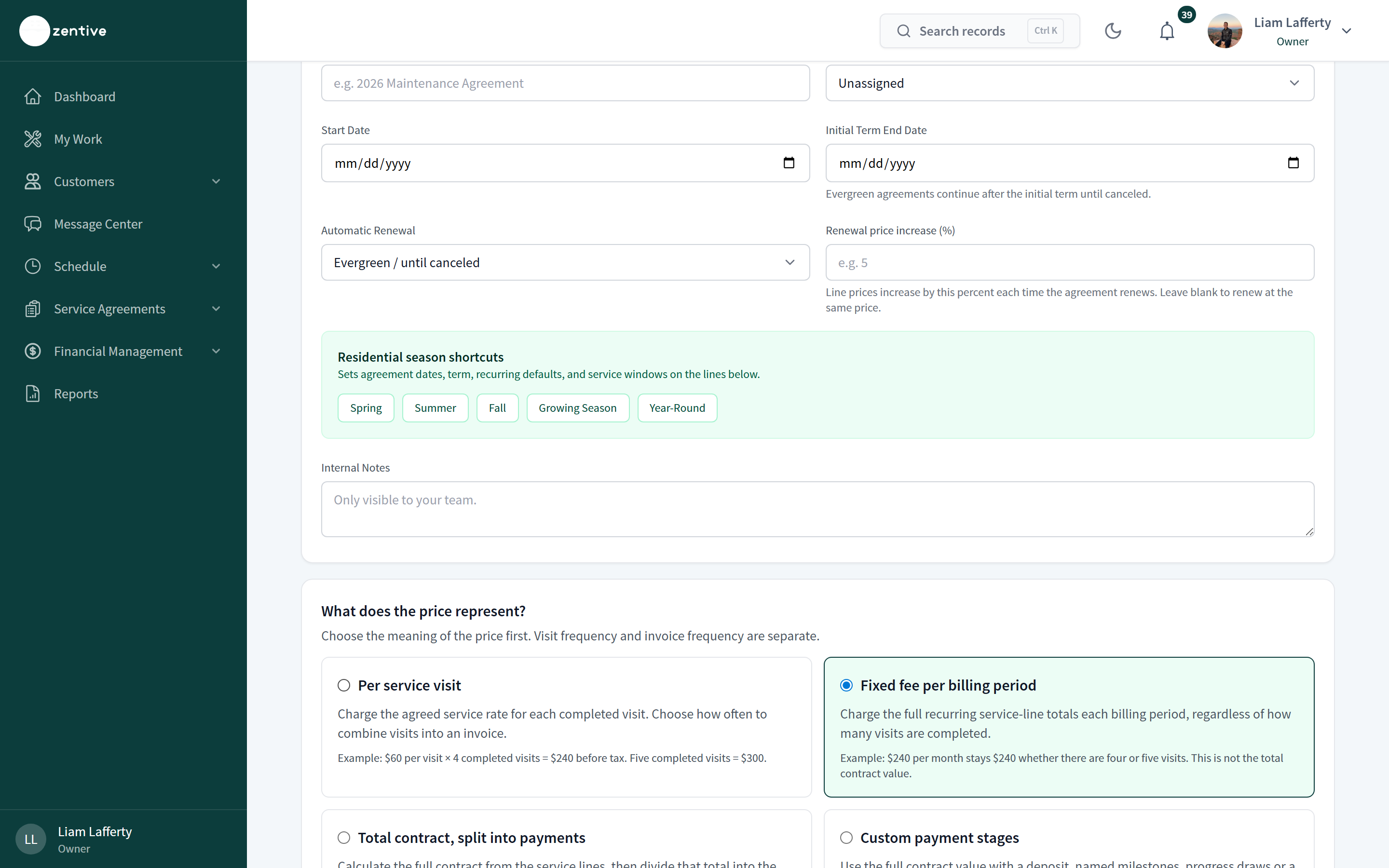 Agreement form showing renewal settings, residential season shortcuts, and the four price-meaning cards with worked examples.