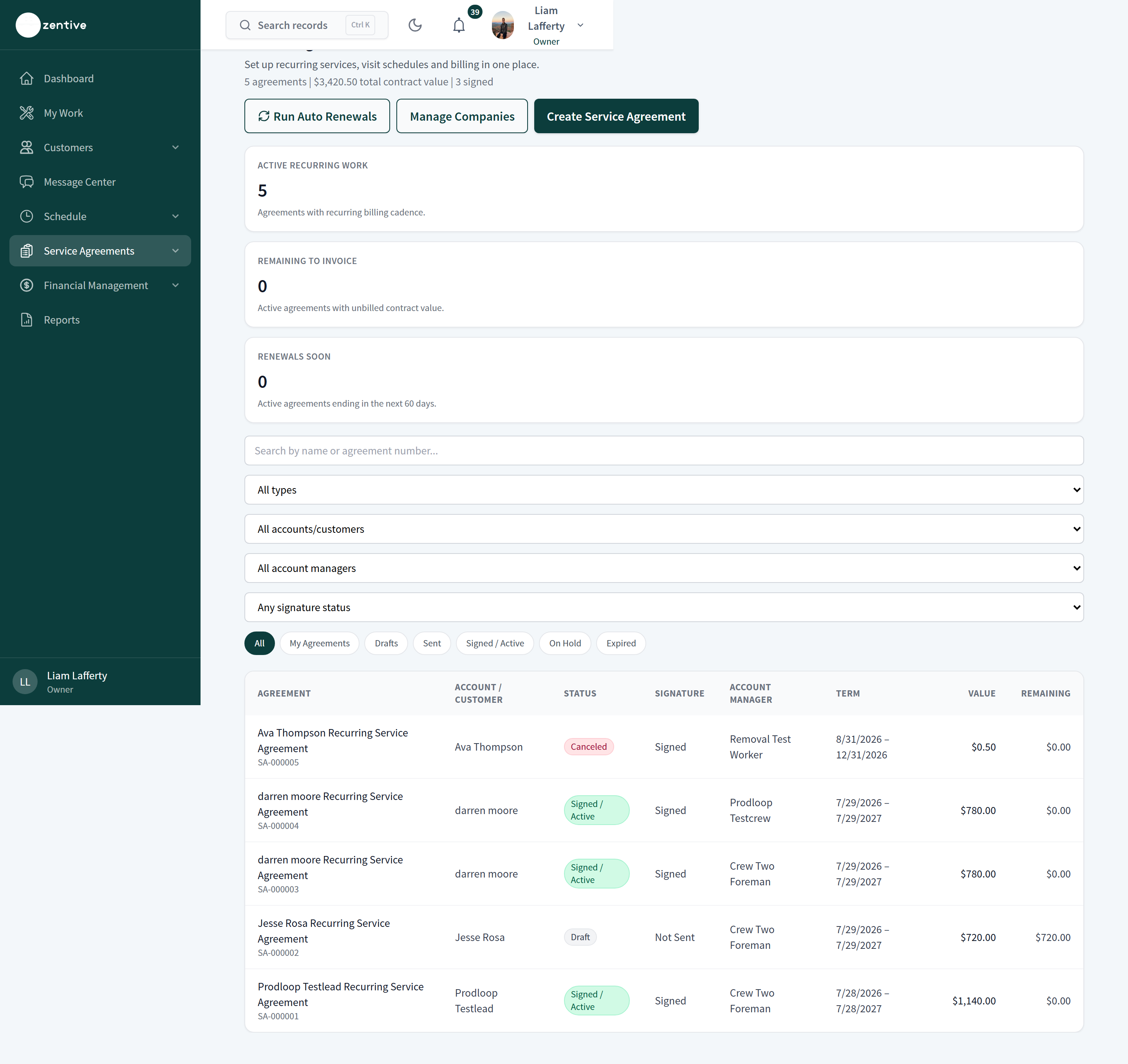 Service Agreements list with Run Auto Renewals, Manage Companies, Create Service Agreement, summary tiles, filters, status chips, and the agreements table.