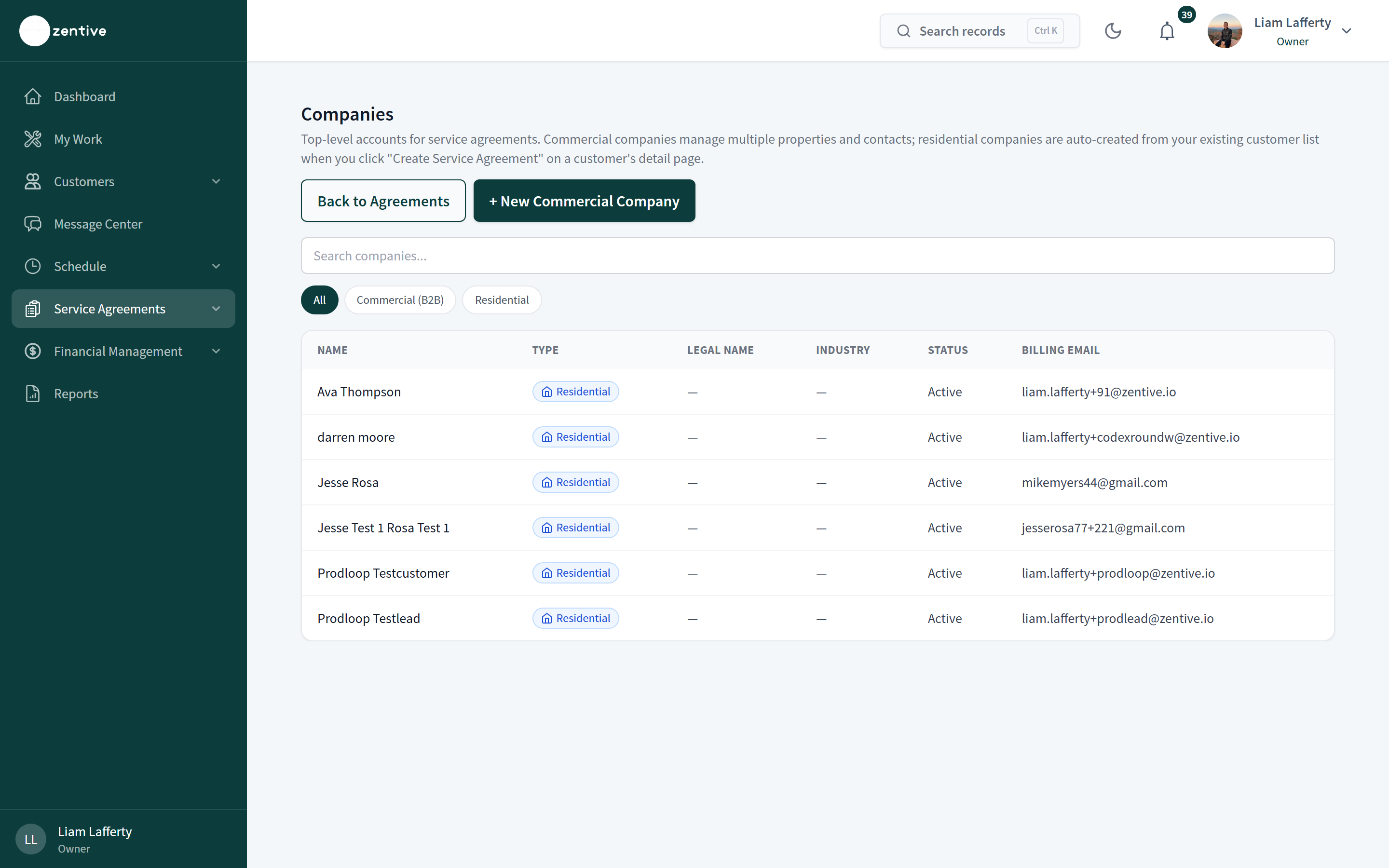 Companies page listing residential and commercial accounts with type, legal name, industry, status, and billing email, and a New Commercial Company button.
