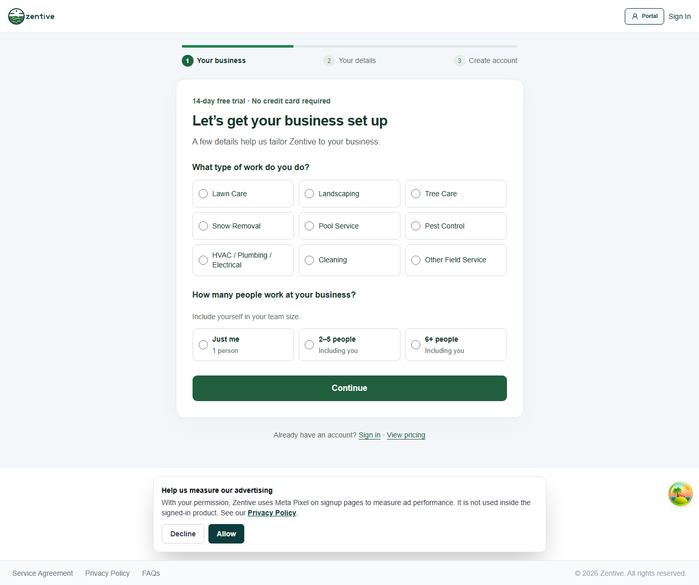 Zentive trial signup business type and team size screen, with an Other business option.