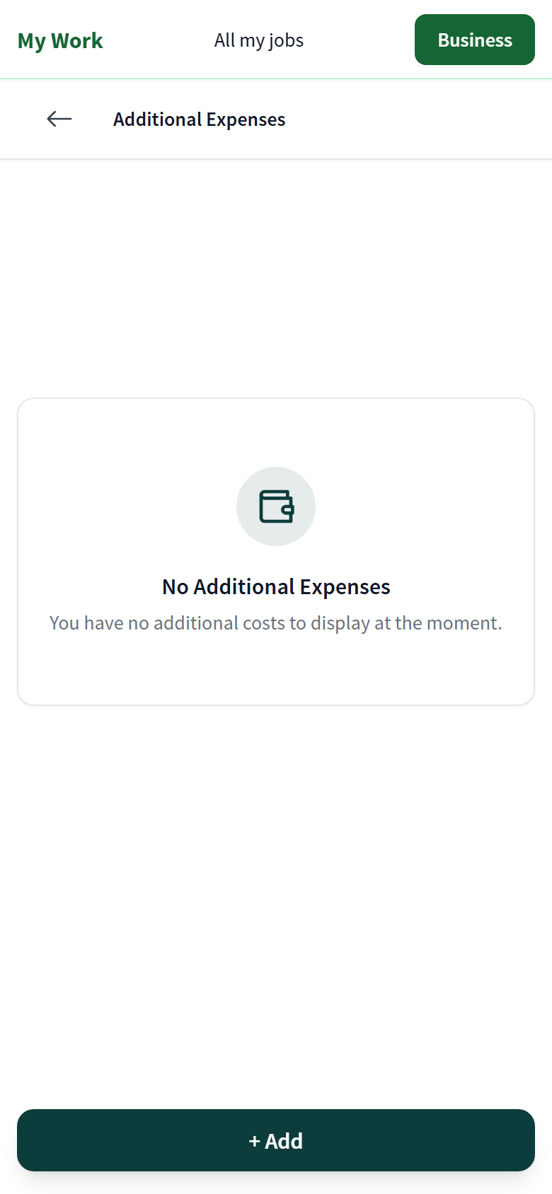 Additional Expenses screen with an empty state and a + Add button.