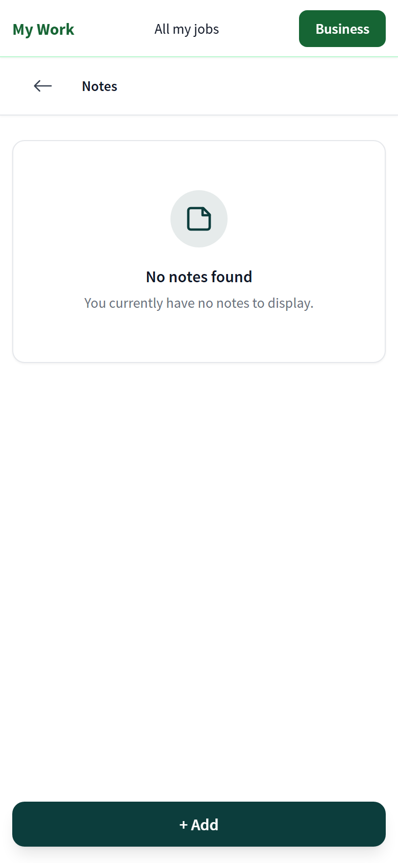 Job notes screen with the add note action.