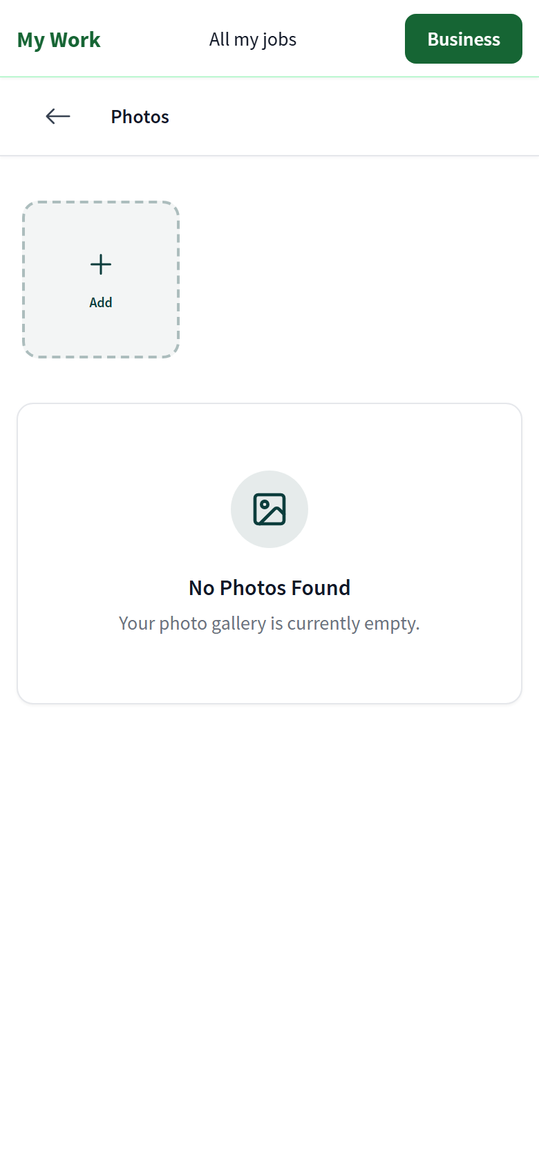 Photos screen for a job with an Add tile and an empty gallery.