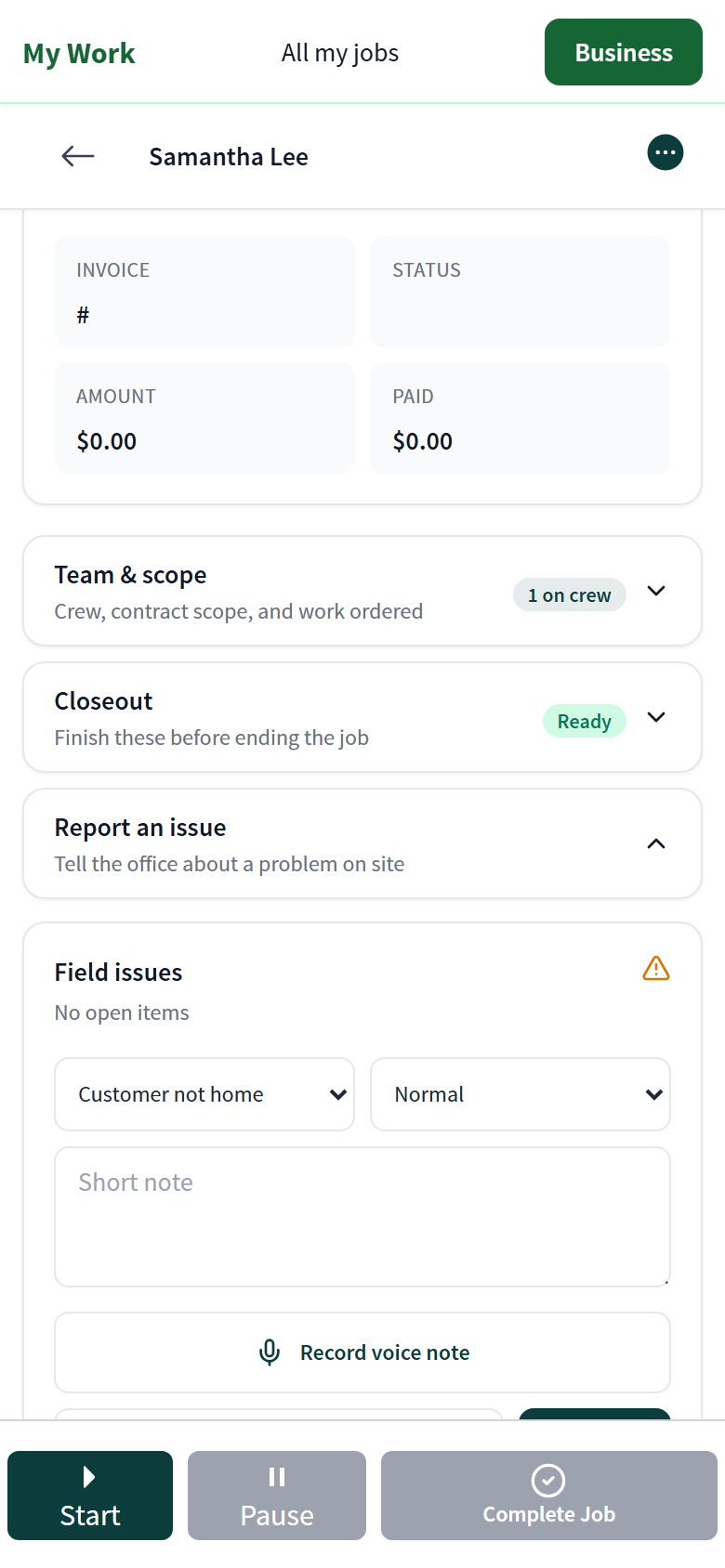 Report an issue panel on a job with issue type and urgency dropdowns, a short note field, and Record voice note.