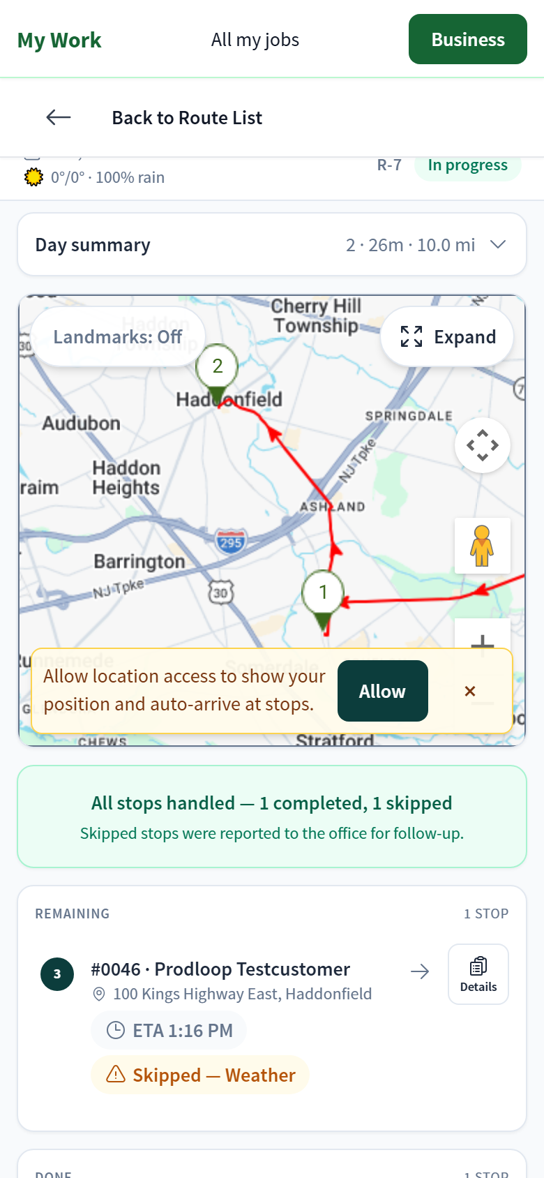 Crew route screen with weather, Day summary, the map with numbered stops and a location-access prompt, an All stops handled banner, and the Remaining list with ETA and a skipped stop.