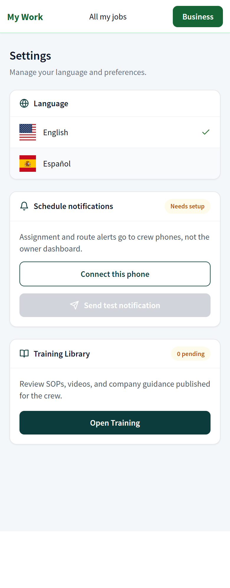 Crew Settings screen with Language, Schedule notifications with Connect this phone and Send test notification, and Training Library.