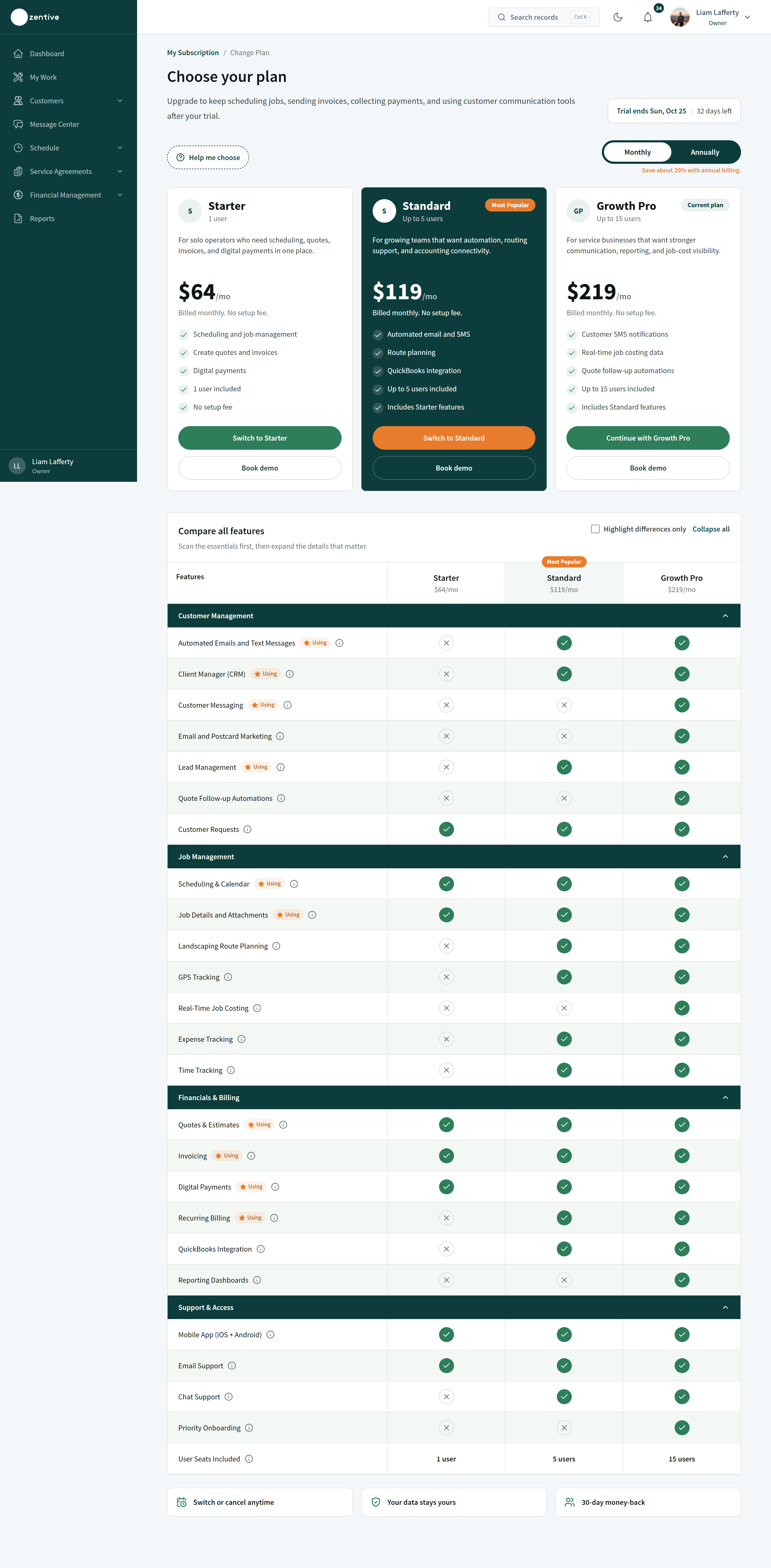 Plan gallery with Monthly/Annually toggle and feature comparison.