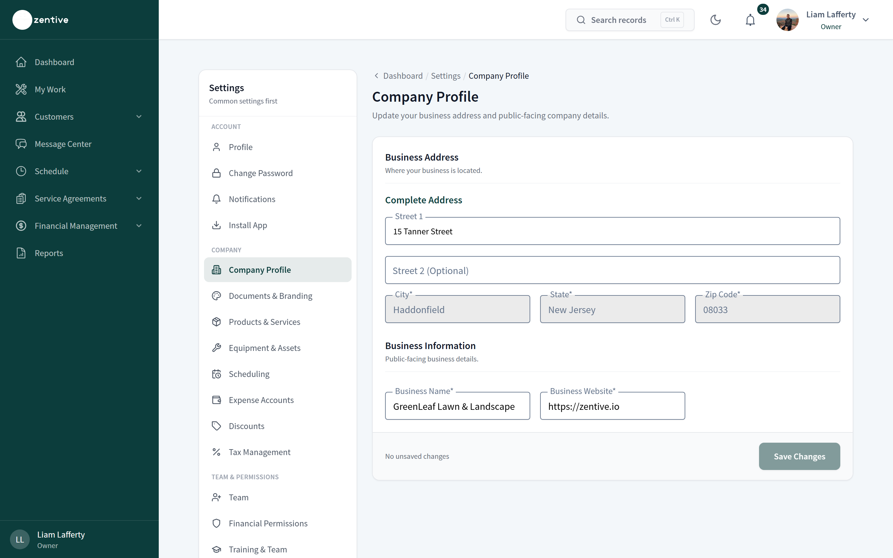 Settings → Company Profile with Business Address fields, Business Name, Business Website, and a Save Changes button.