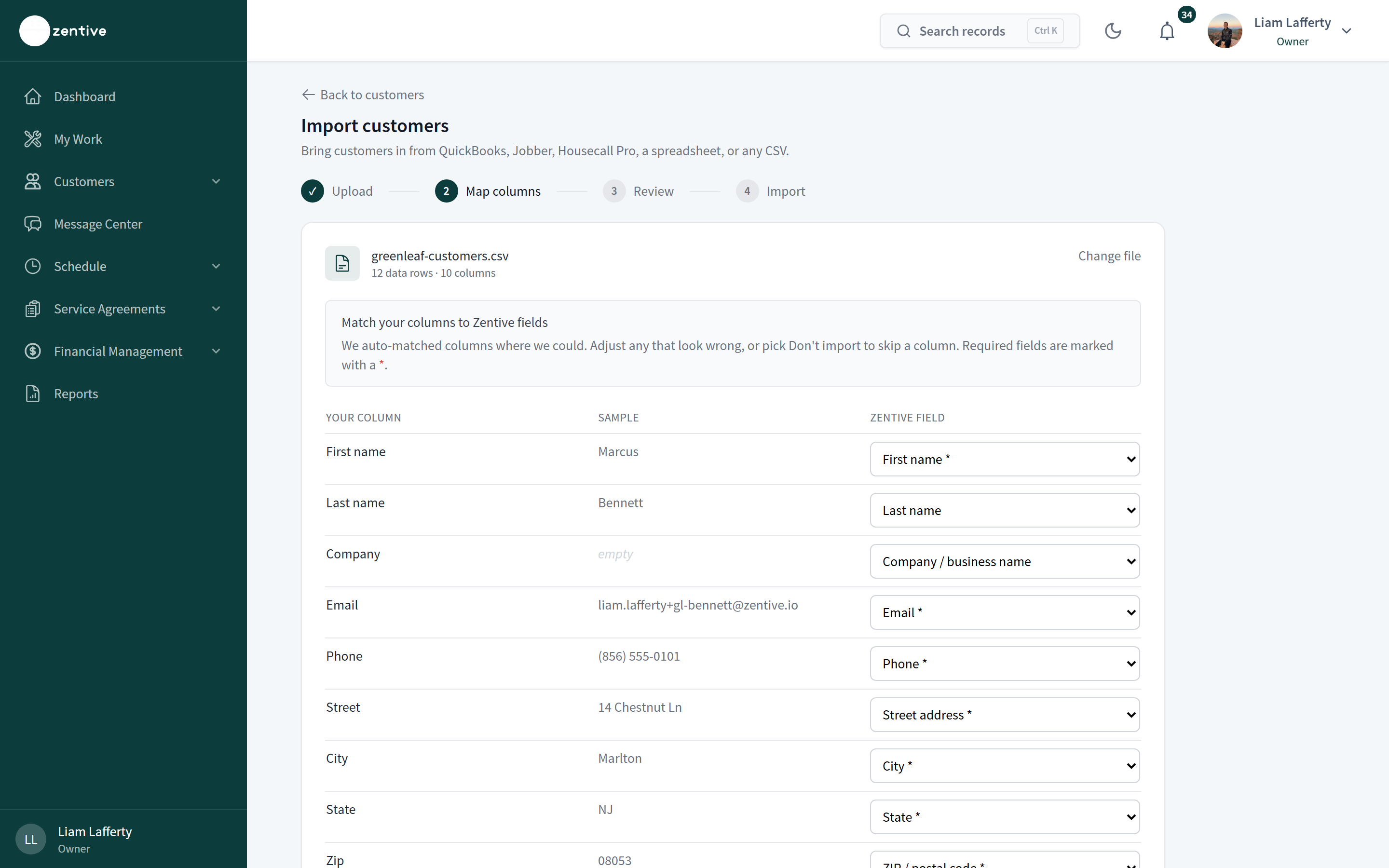 Import customers step 2 showing each file column, a sample value, and the matched Zentive field.