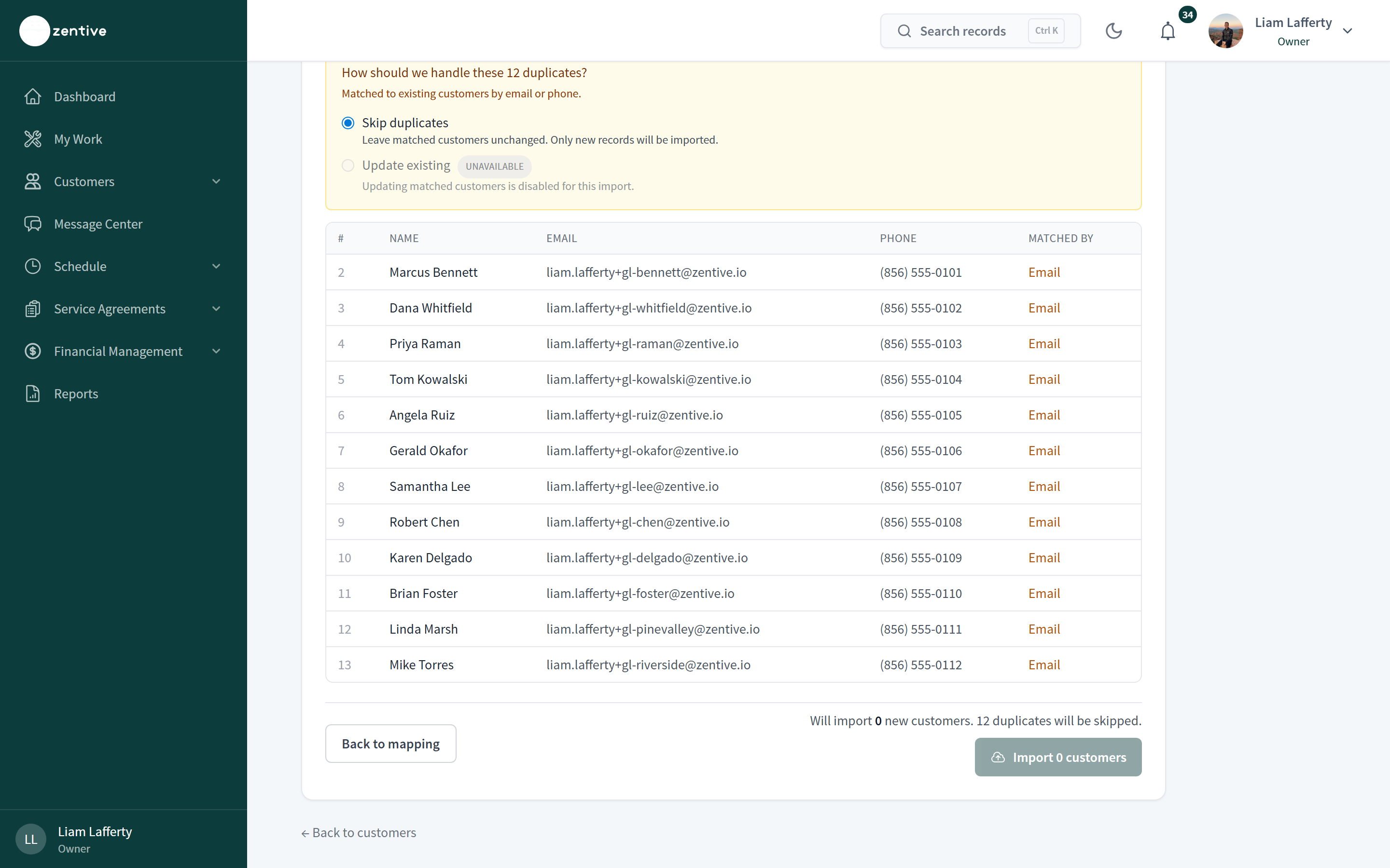 Import customers review step with Ready to import, Duplicates, and Errors tabs and an Import 12 customers button.