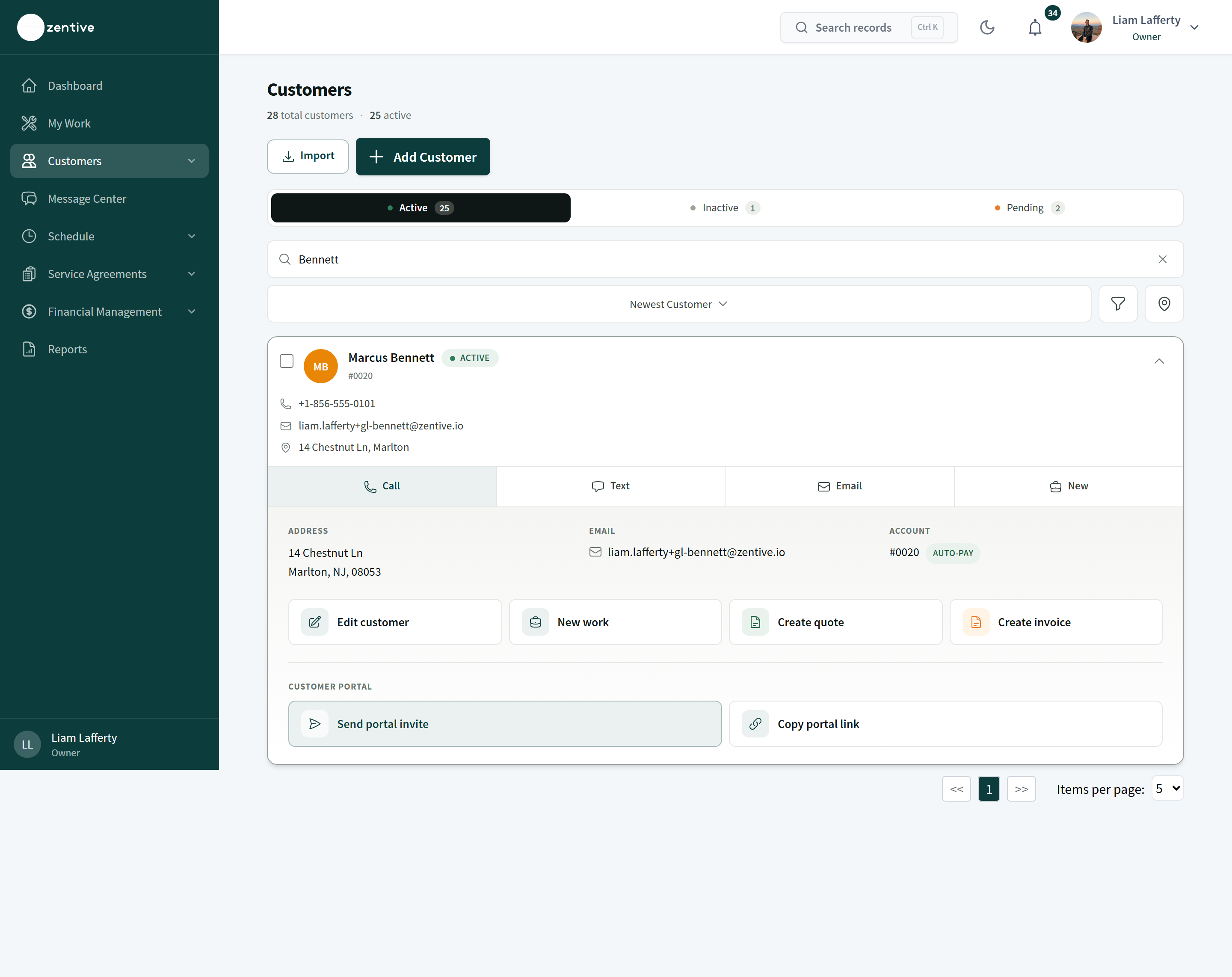 Expanded customer card with Send portal invite and Copy portal link under Customer Portal.