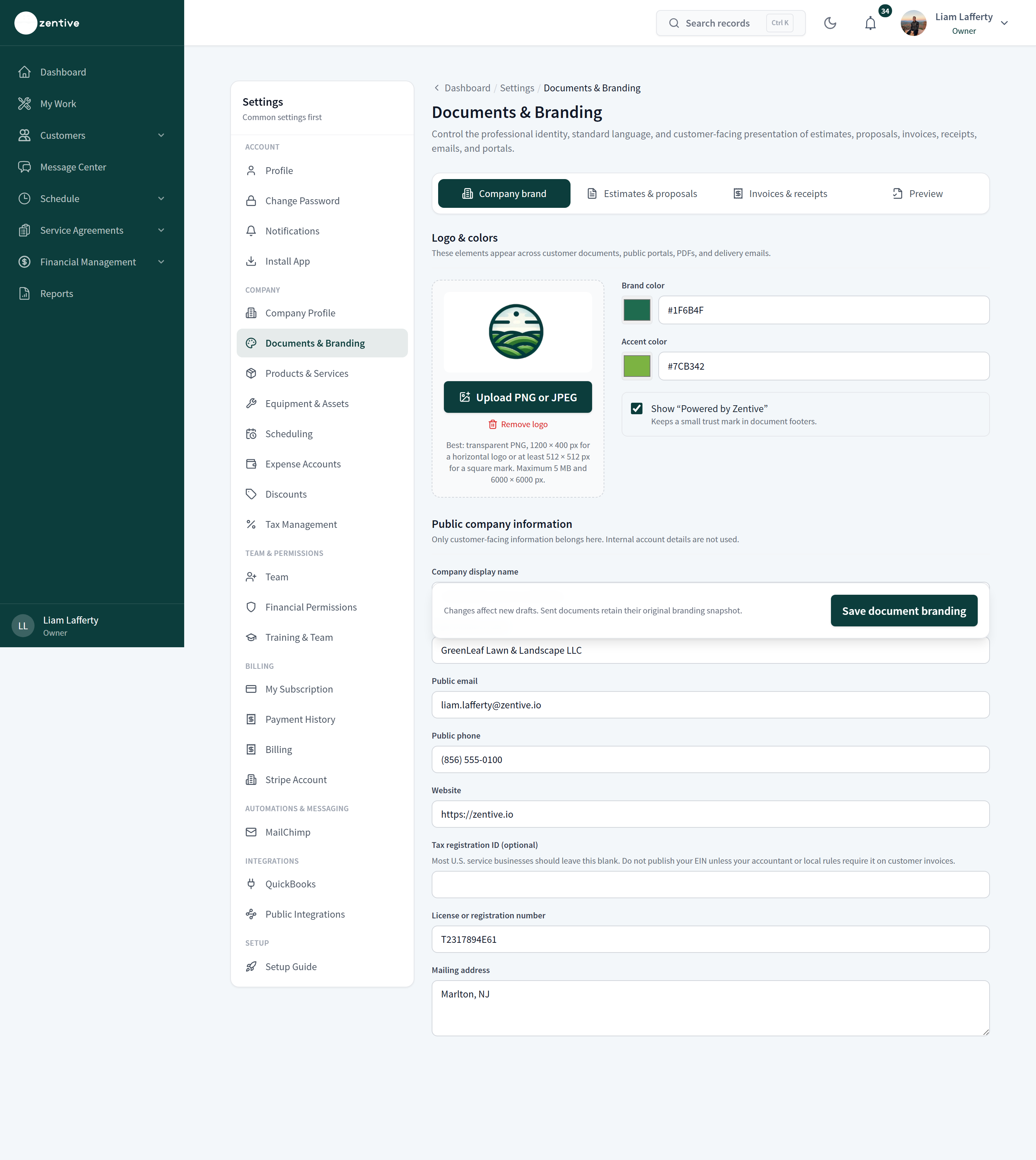 Documents & Branding page showing logo upload, brand and accent color pickers, the Powered by Zentive switch, and public company information fields.