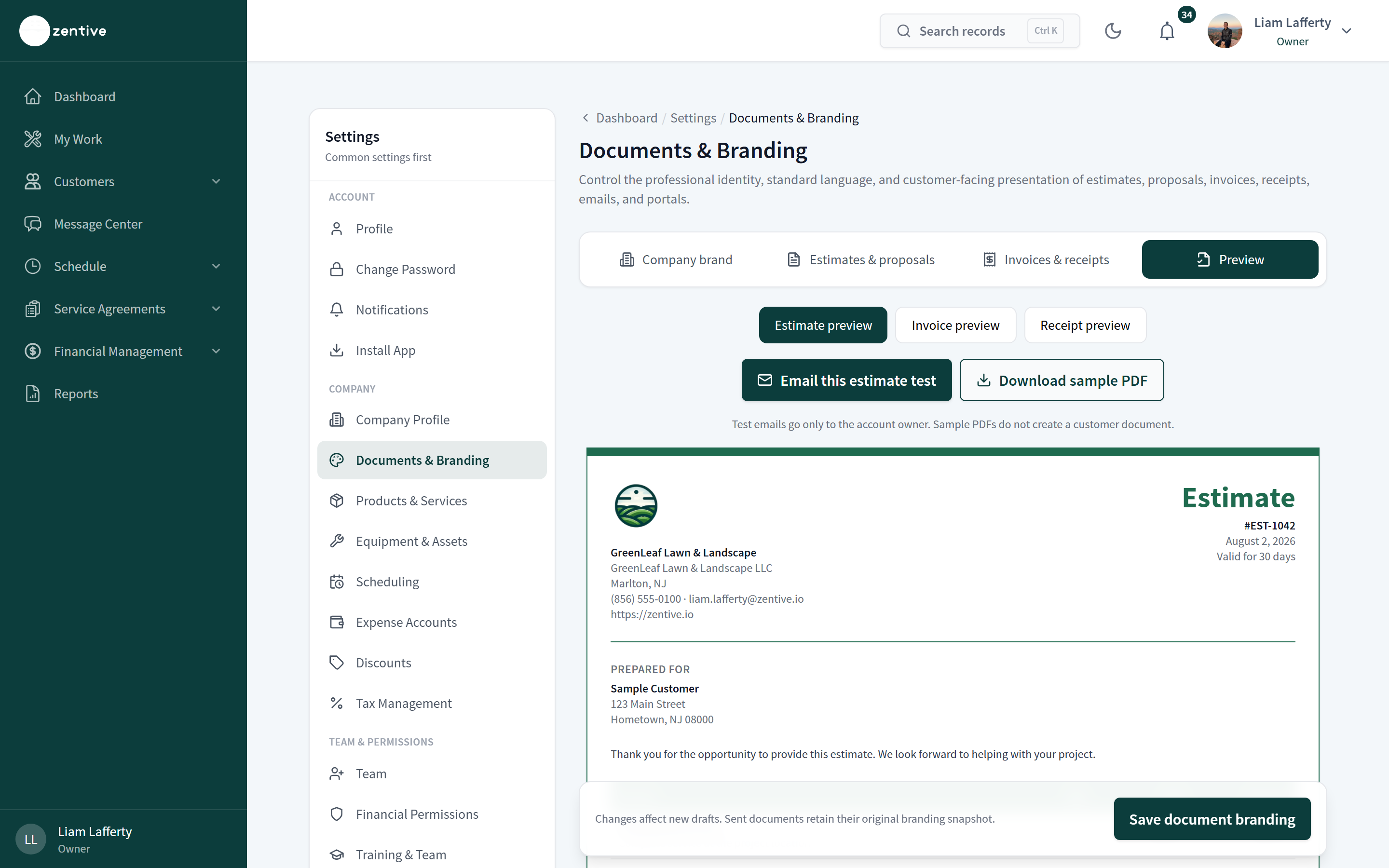 Preview tab rendering a sample quote and invoice with the business logo and colors.
