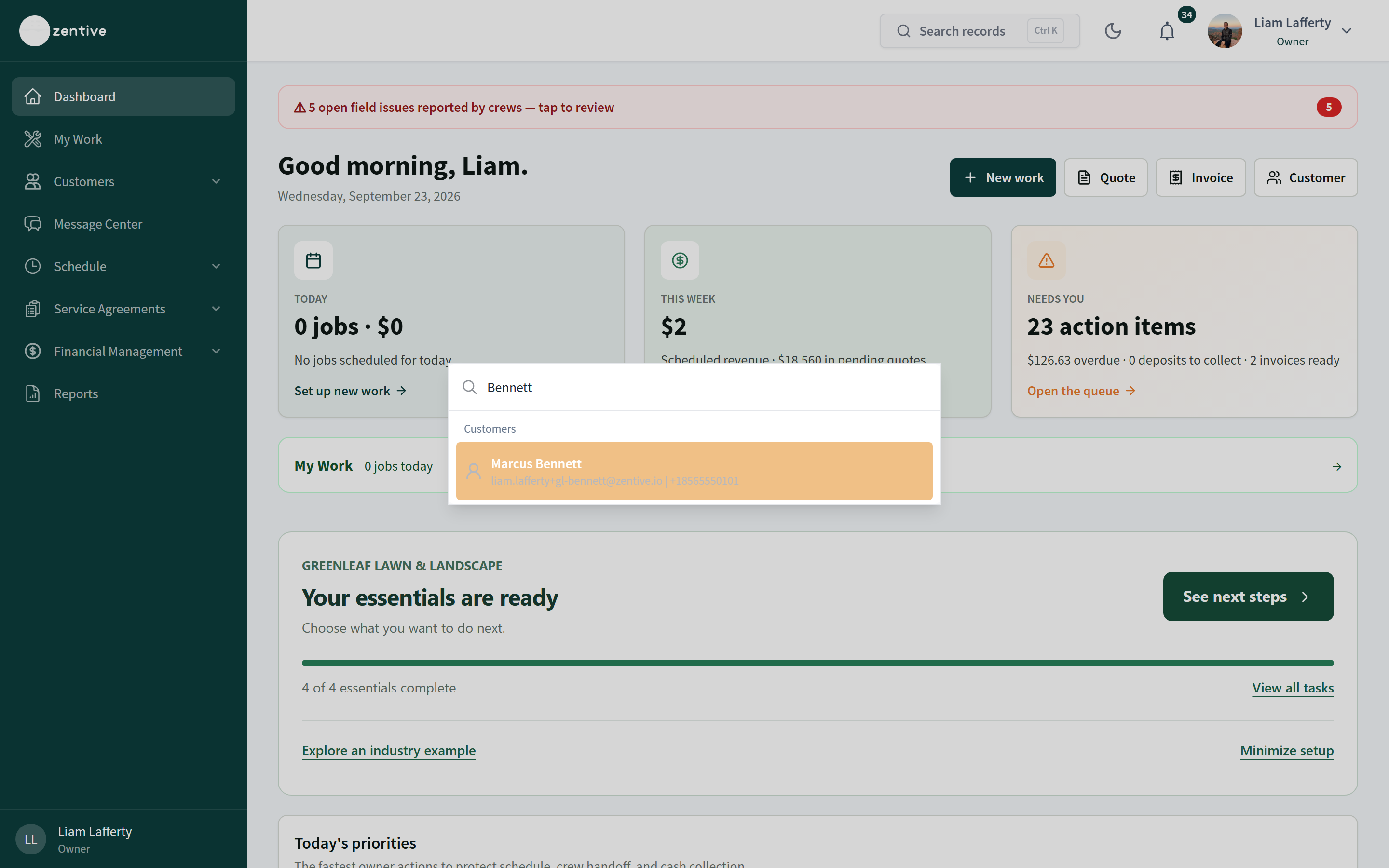 Search records dialog open over the dashboard with a customer result highlighted.