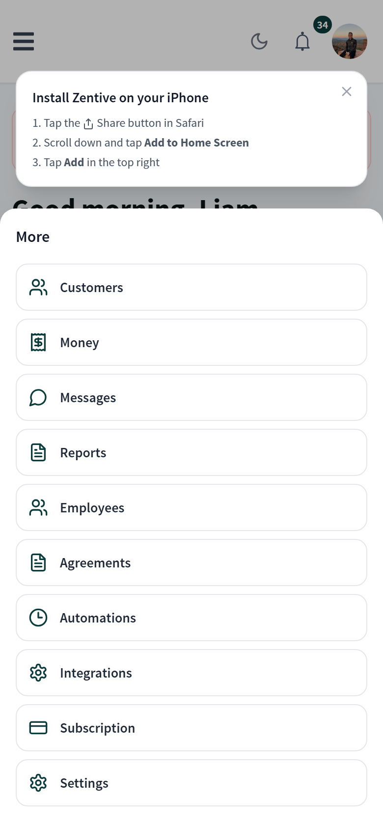 Mobile More menu listing Customers, Money, Messages, Reports, Employees, Agreements, Automations, Integrations, Subscription, and Settings.