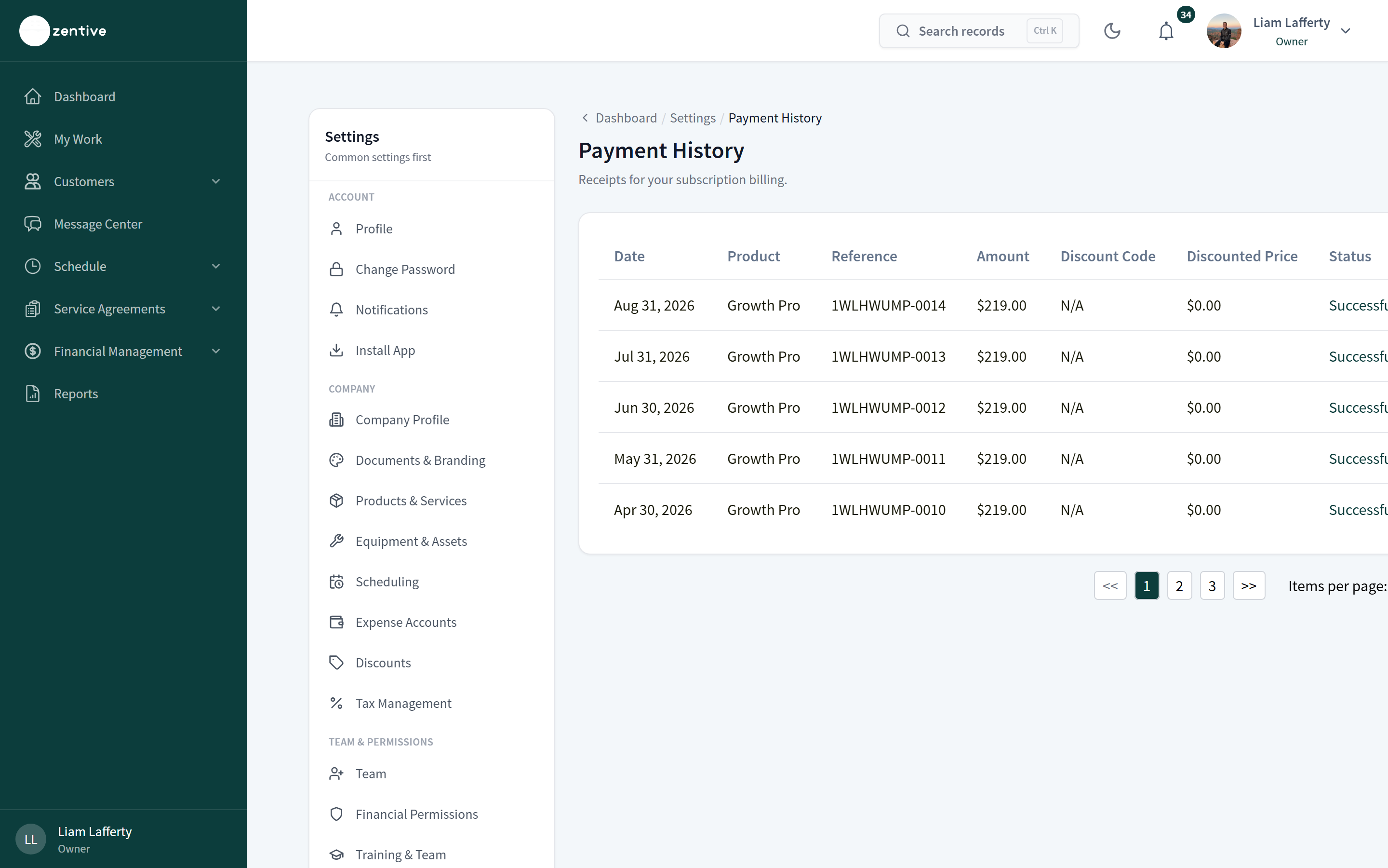 Settings → Payment History listing subscription charges with receipts.