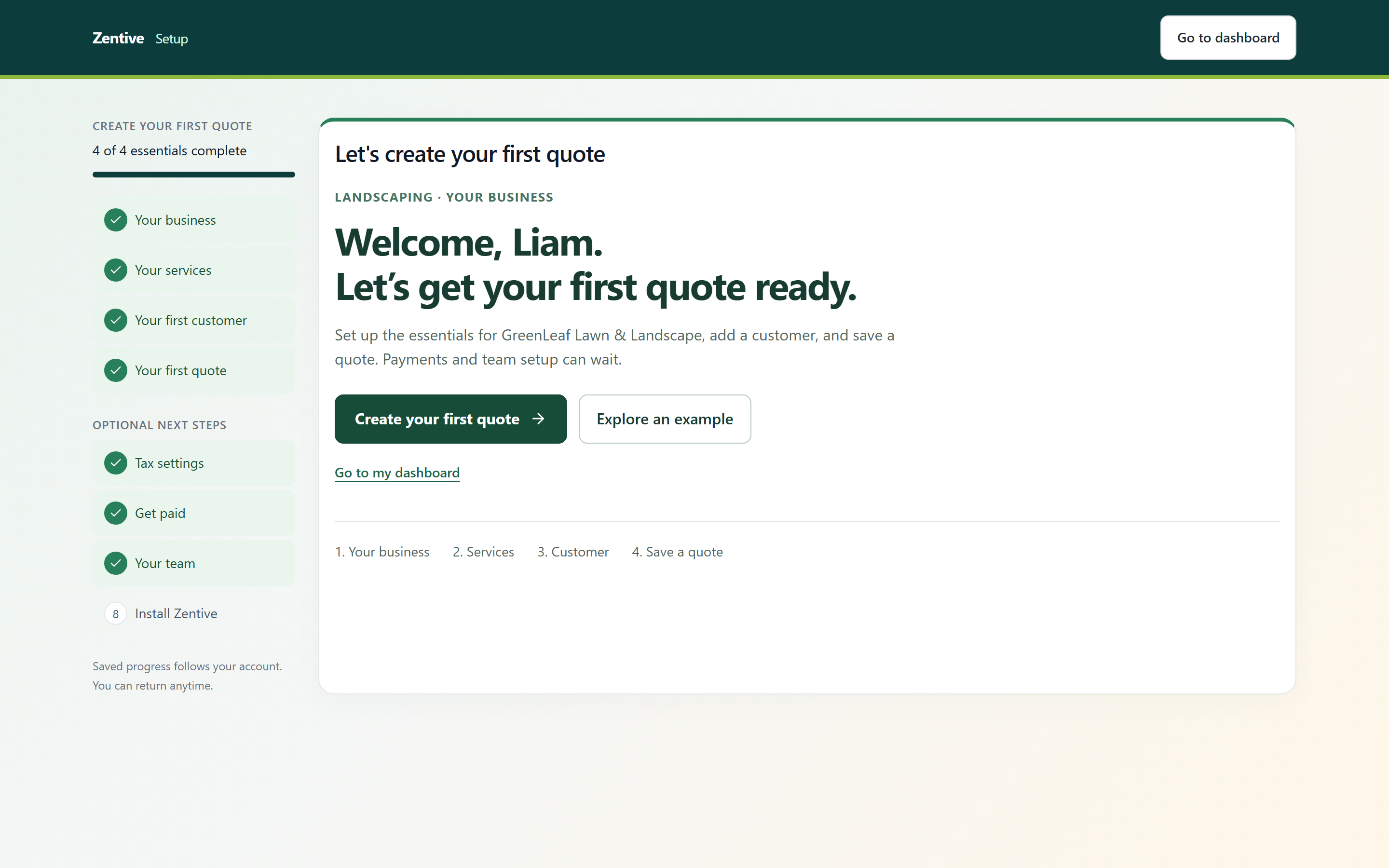 Zentive setup guide showing Your business, Your services, Your first customer, and Your first quote.