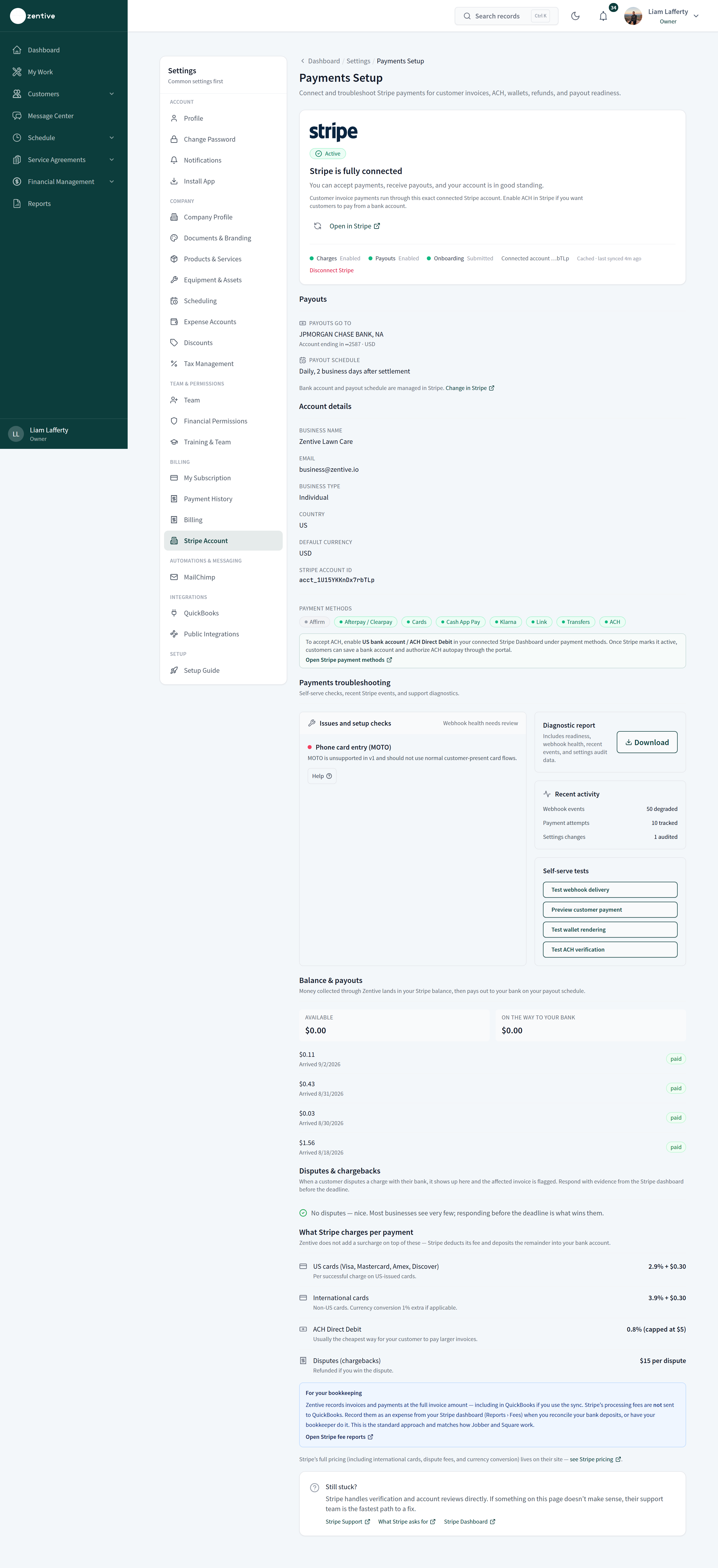 Settings → Stripe Account showing Not connected, Set Up Stripe Account, the fee table, bookkeeping note, and Stripe support links.