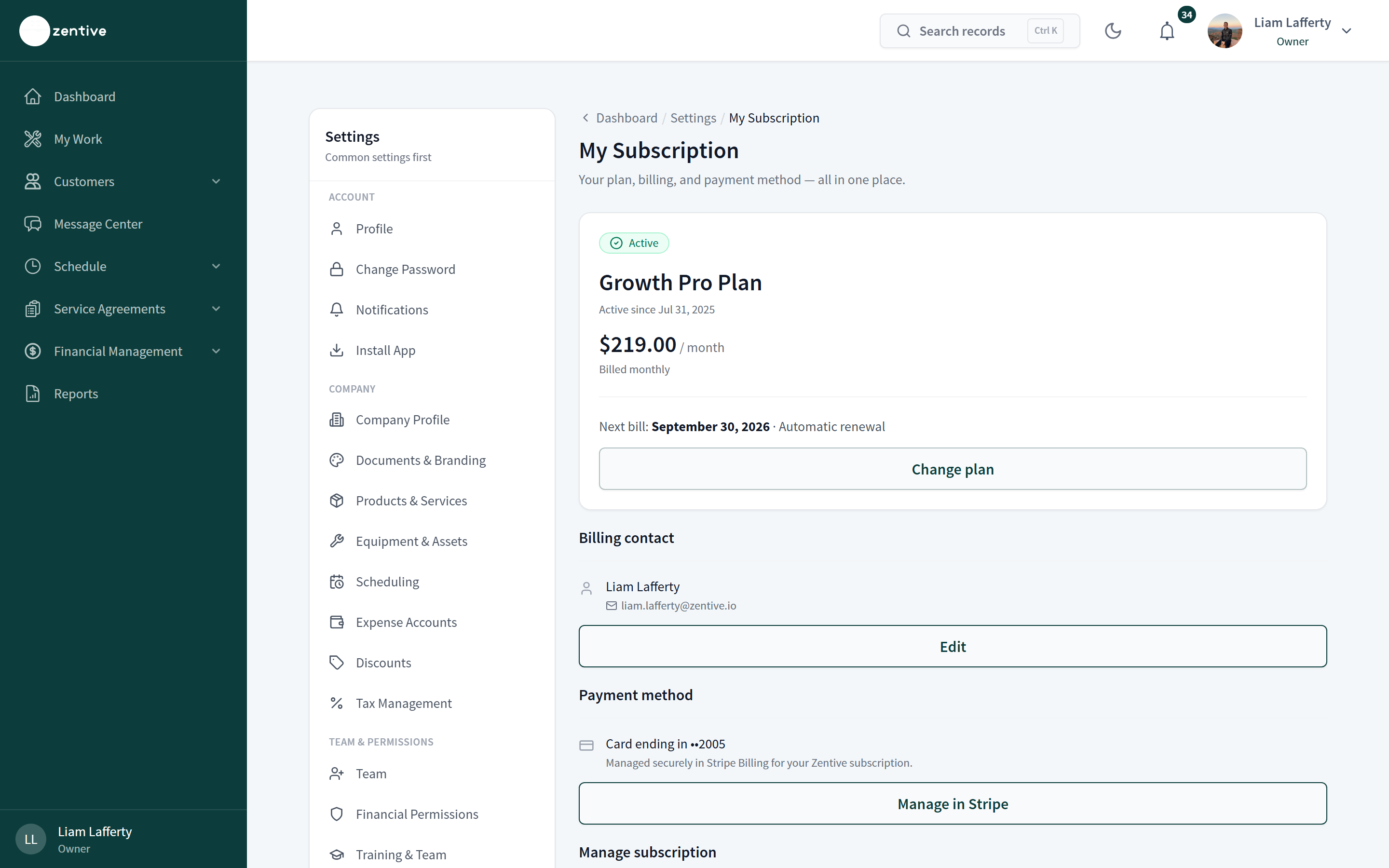 My Subscription page showing an Active Growth Pro Plan, next bill date, Change plan, Billing contact, and Payment method managed in Stripe.