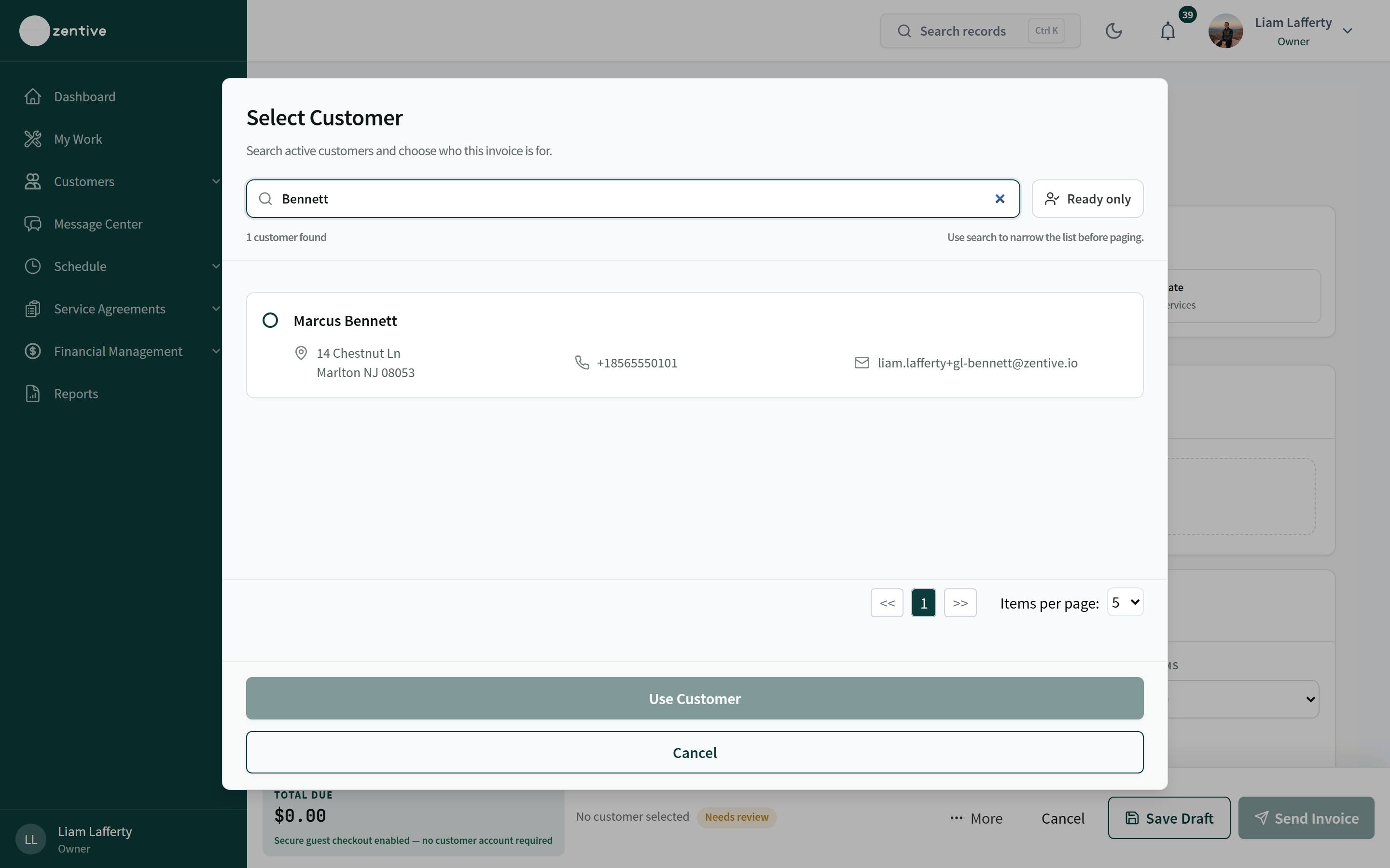 Select Customer dialog in the invoice builder with a search box, Ready only filter, a matching customer card, and a Use Customer button.
