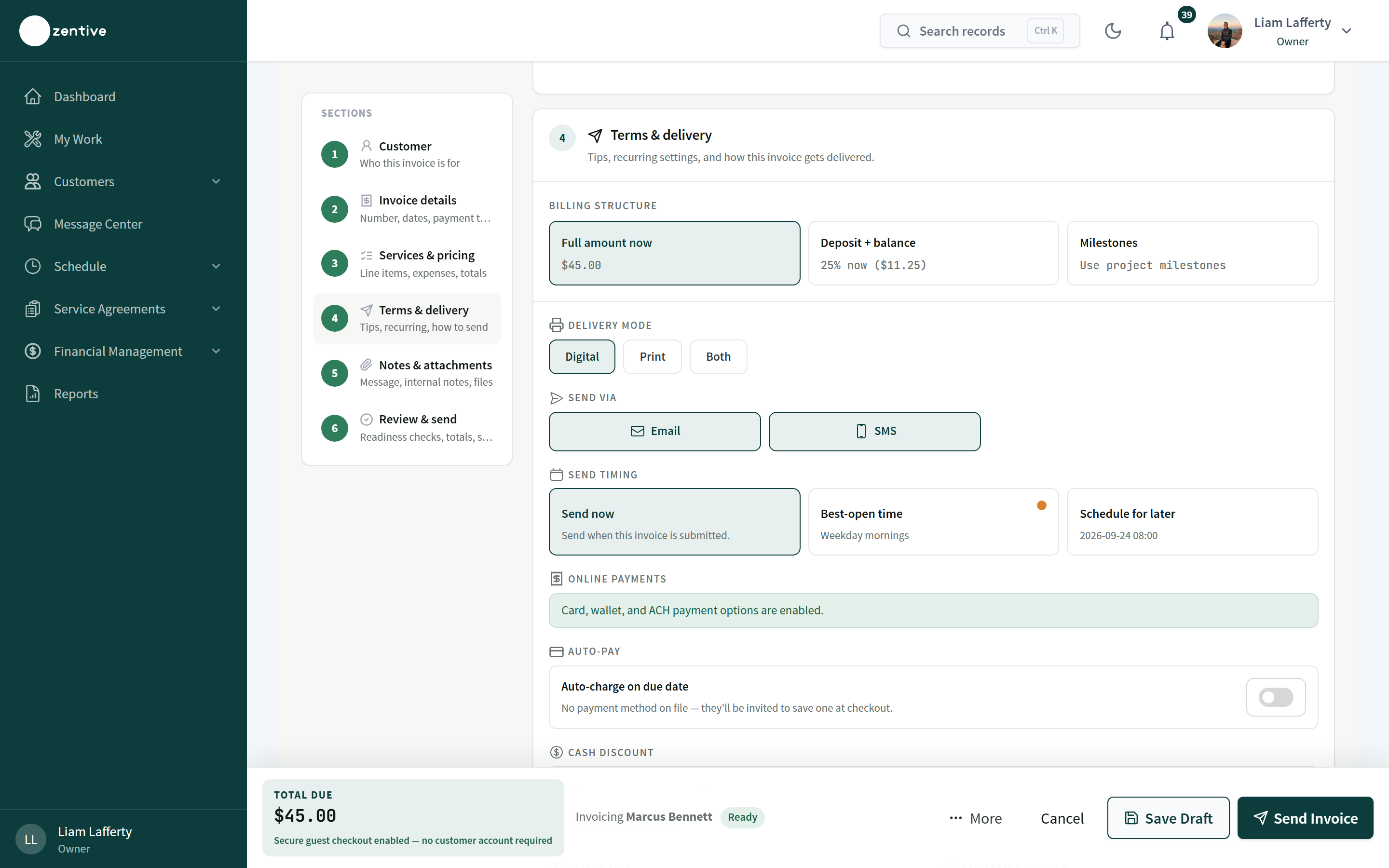 Terms & delivery section with Billing structure, Delivery mode, Send via, Send timing, Online payments, Auto-pay, Allow tips, and Recurring invoice controls.