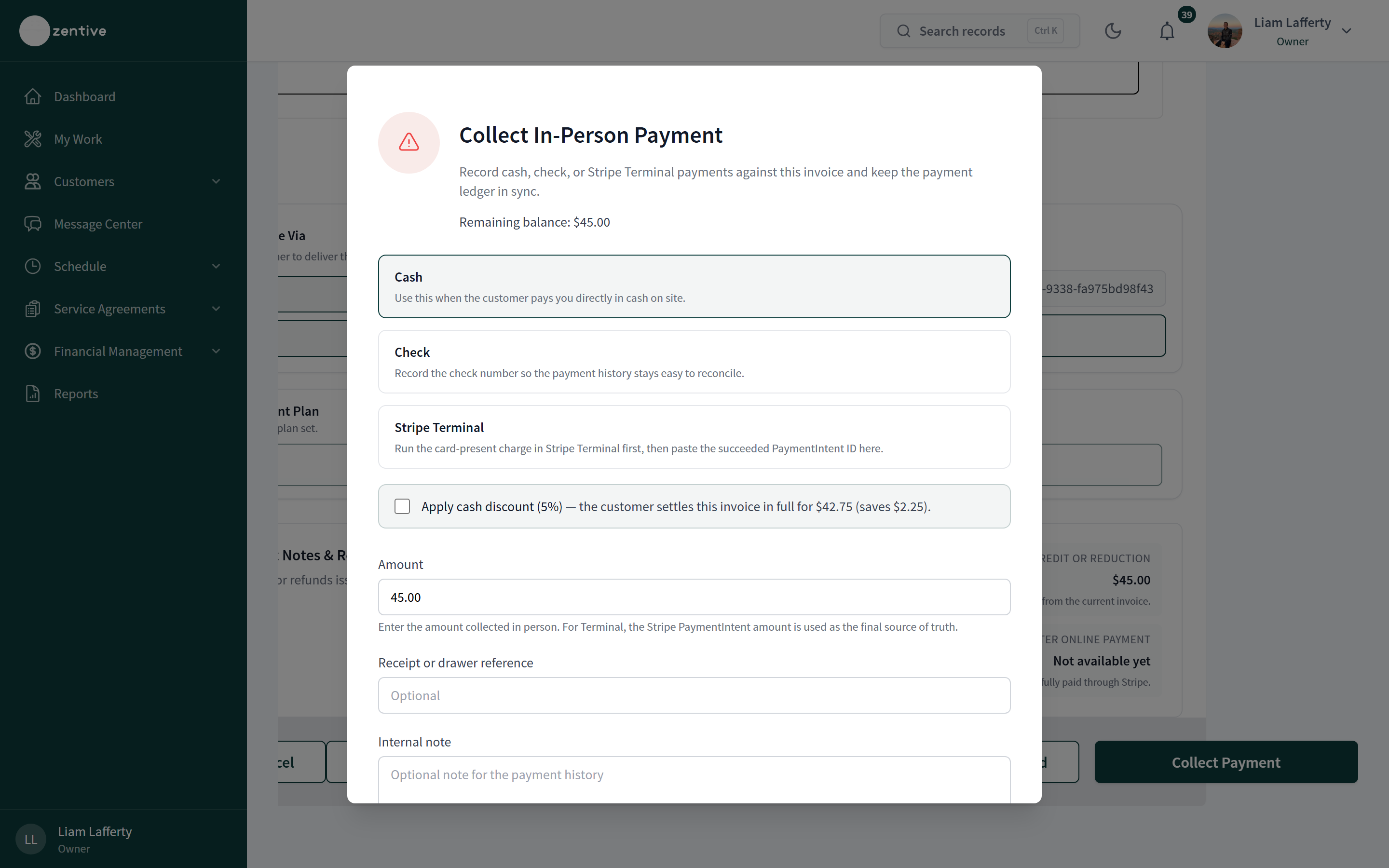 Collect In-Person Payment dialog for recording cash, check, or terminal payments.