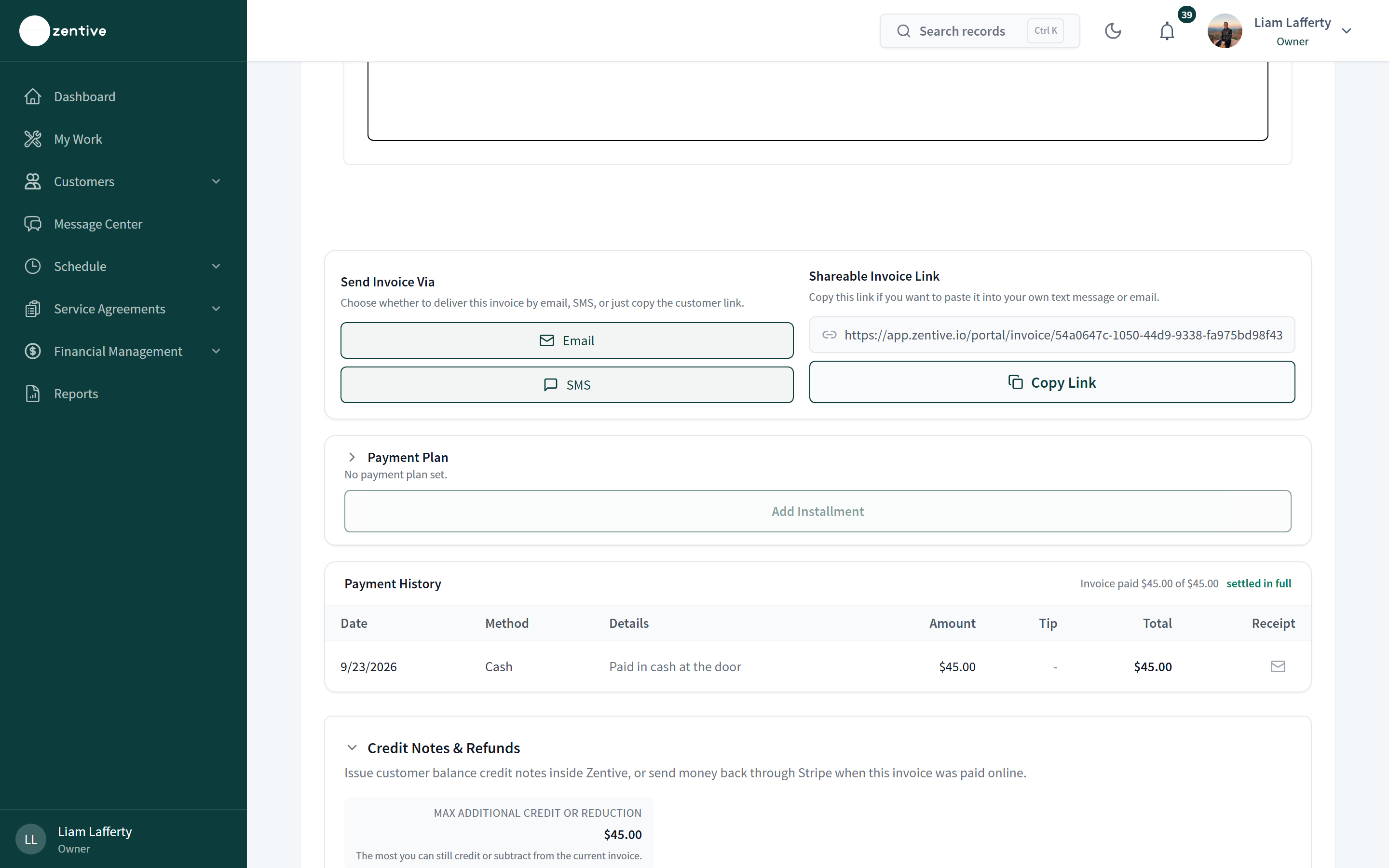 Invoice page after payment showing Payment History with a cash payment settled in full and the Credit Notes & Refunds panel.