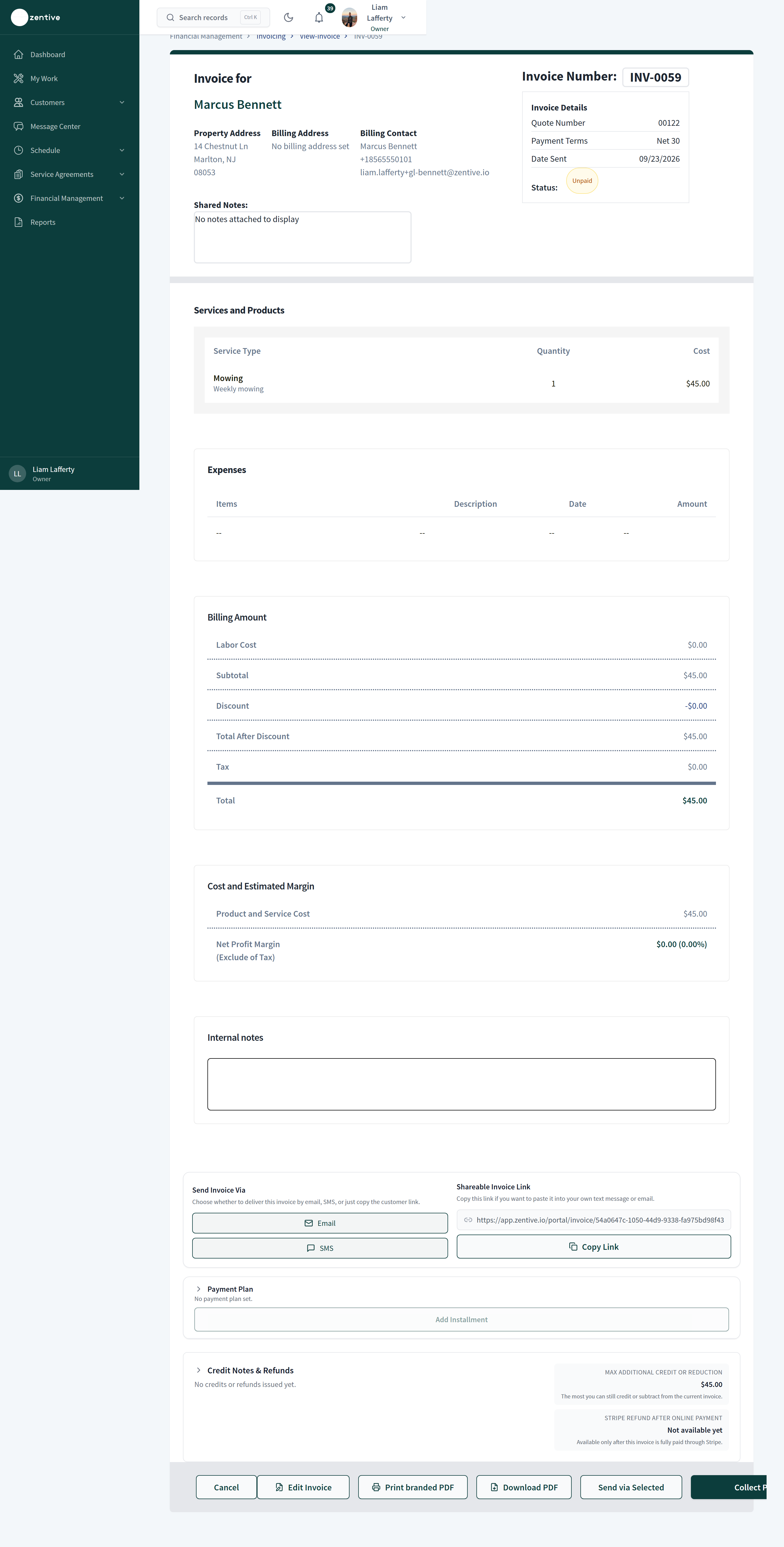 A sent invoice page showing Send Invoice Via (Email, SMS), the Shareable Invoice Link with Copy Link, Payment Plan, Credit Notes & Refunds, and the action bar with Collect Payment.