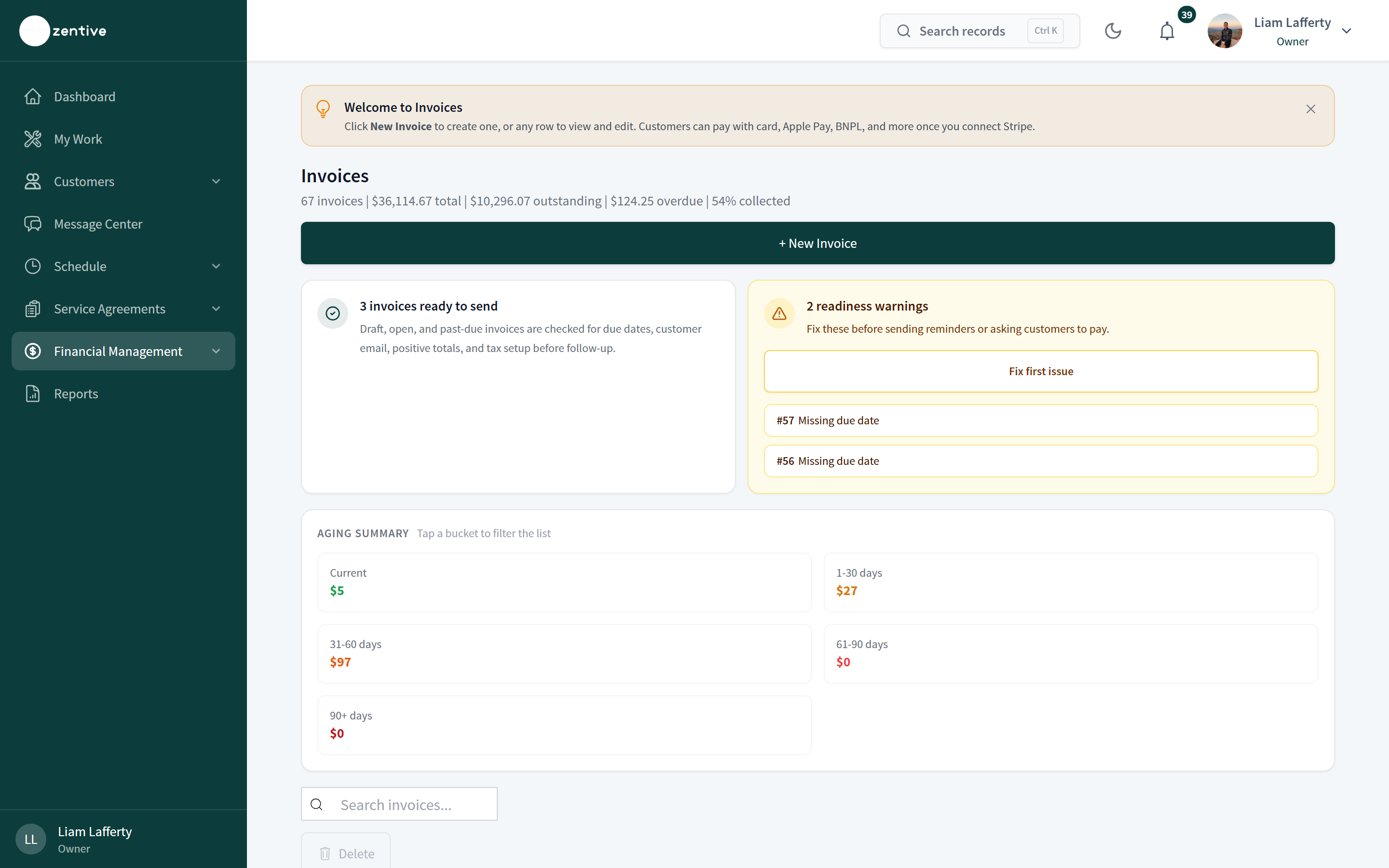 Invoices page with header totals, ready-to-send count, readiness warnings, and the aging summary buckets.