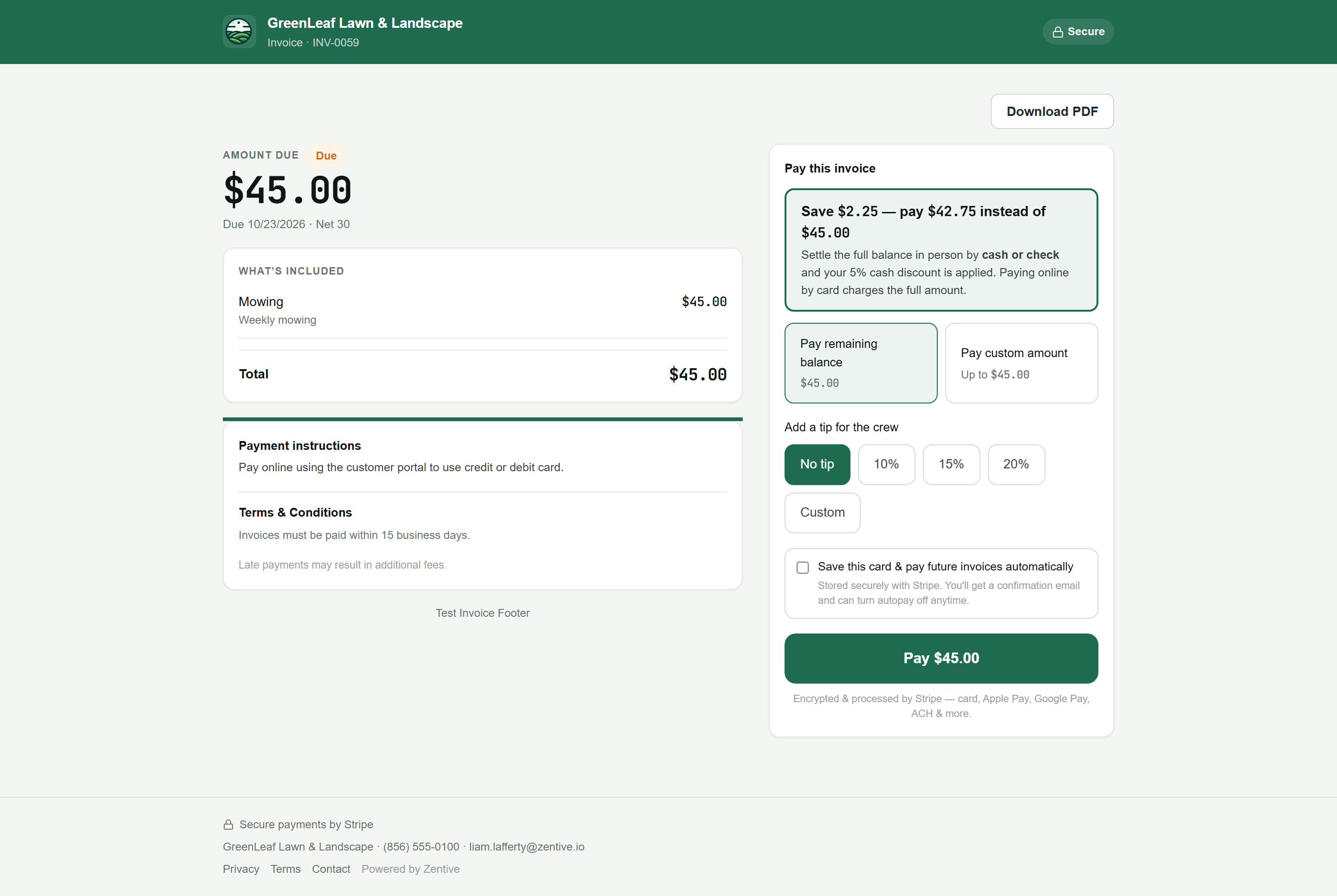 Invoice INV-0059 from GreenLeaf Lawn & Landscape showing the amount due, what's included, payment instructions, a cash discount offer, Pay remaining balance, tip options, the Save this card checkbox, and a Pay $45.00 button.
