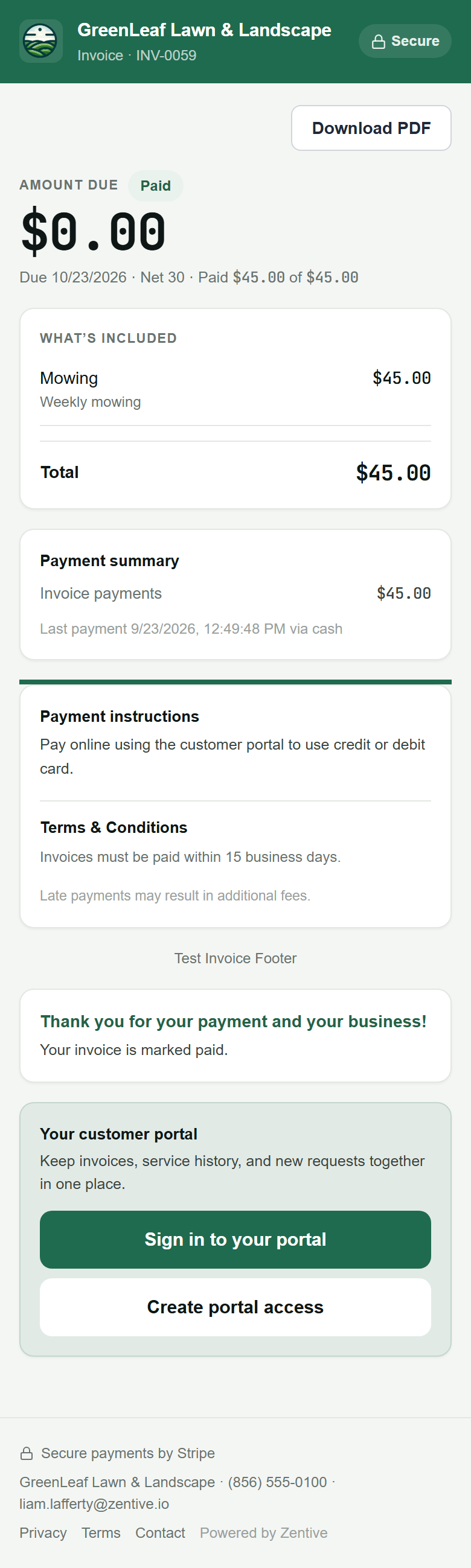 The same invoice pay page on a phone.