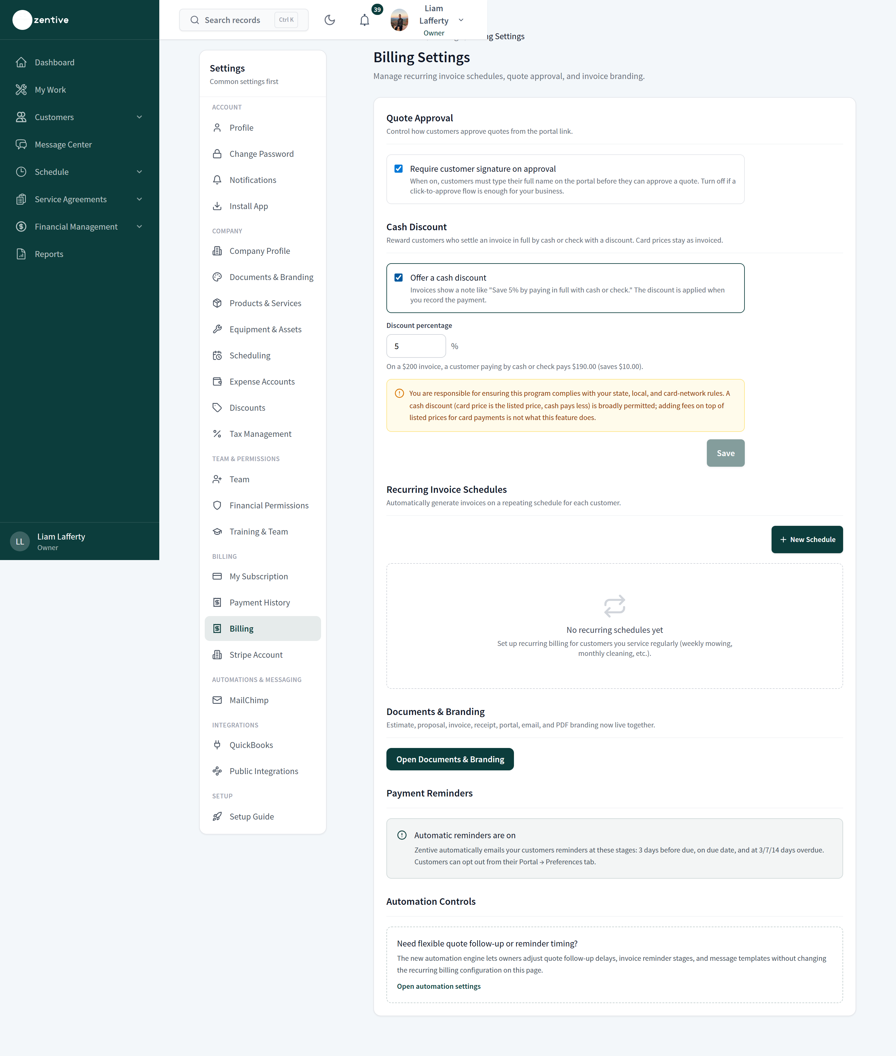 Settings → Billing with Quote Approval, Cash Discount, Recurring Invoice Schedules, Documents & Branding link, Payment Reminders schedule, and Automation Controls.