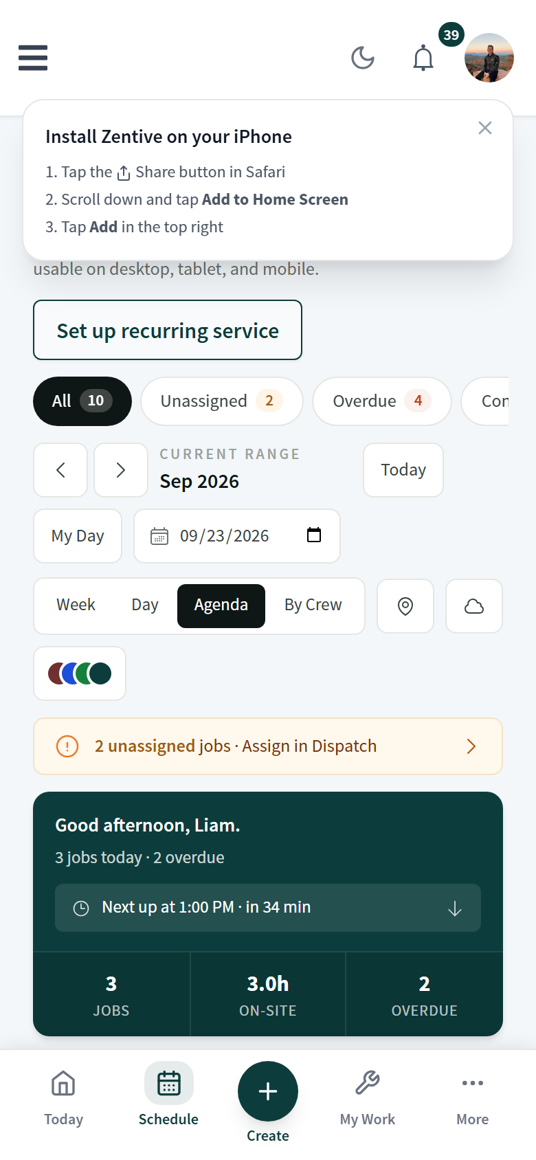 Calendar on a phone with the view toggles and a day list.